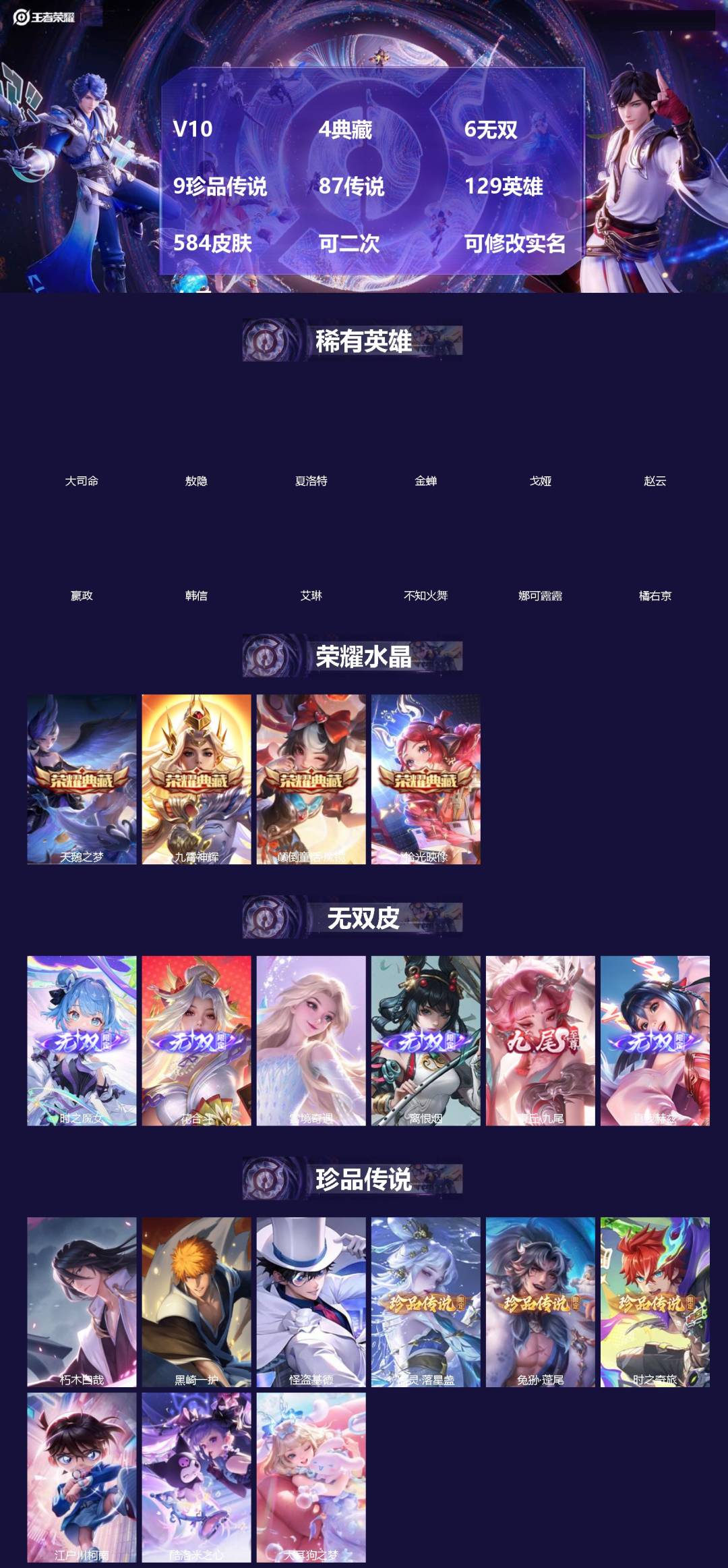 王者荣耀账号苹果QQ[]V10 4典藏 6无双 9珍品传说 87传说 129英雄 584皮肤 可二次 可修改实名 女号 
【英雄全皮】朵莉亚全皮,大乔全皮,马超全皮,不知火舞全皮,少司缘全皮,小乔全皮,王昭君全皮,司空震