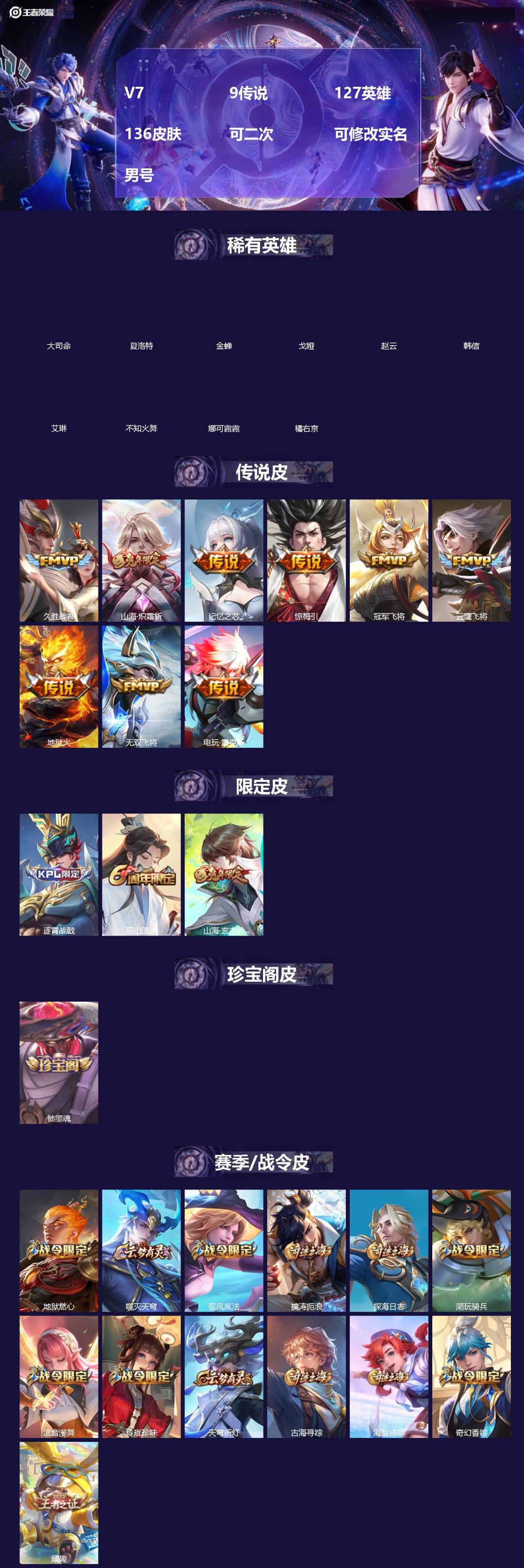 王者荣耀账号安卓QQ[]V7 9传说 127英雄 136皮肤 可二次 可修改实名 男号 
【英雄全皮】影全皮,大禹全皮
【稀有英雄】大司命,韩信(韩跳跳),夏洛特(夏师傅),艾琳,橘右京(橘子),娜可露露(鸟人),不知火