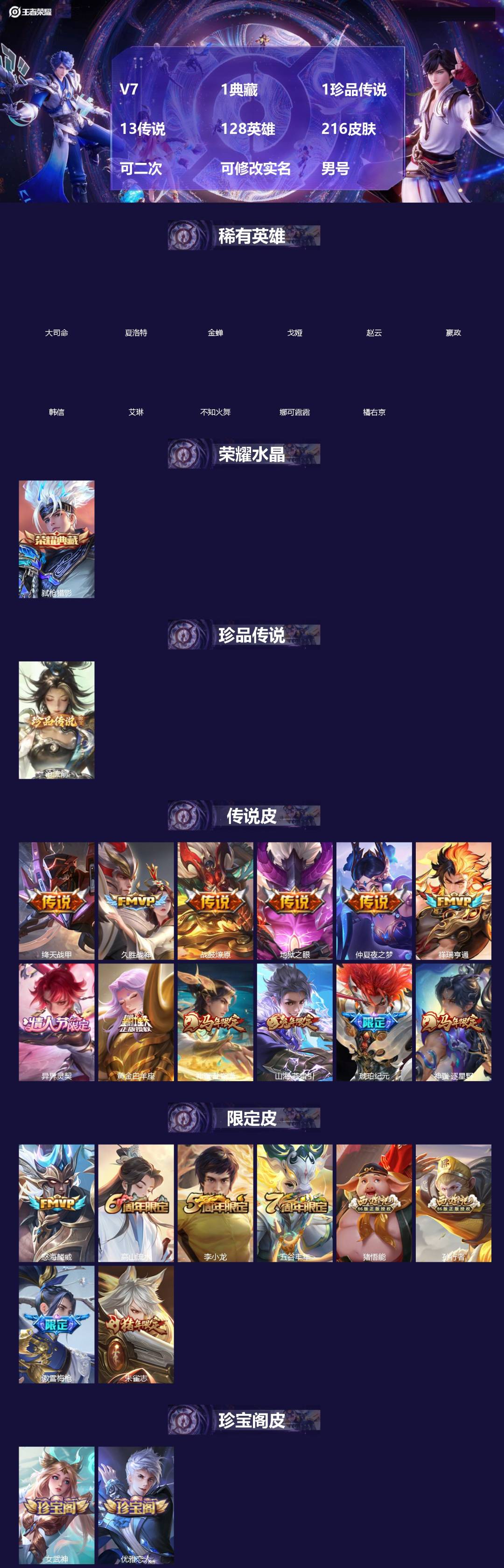 王者荣耀账号安卓QQV7 1典藏 1珍品传说 13传说 128英雄 216皮肤 可二次 可修改实名 男号 
【英雄全皮】