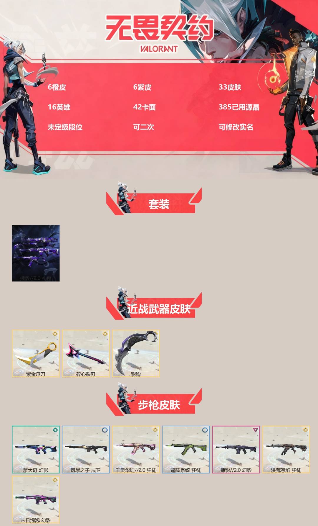 无畏契约账号QQ[]6橙皮 6紫皮 33皮肤 16英雄 42卡面 385已用源晶 未定级段位 可二次 可修改实名 
【套装】掠影2.0套装
【近战武器皮肤】碎心裂刃,影钩,紫金爪刀
【佩枪皮肤】鬼魅-掠影2.0,超集