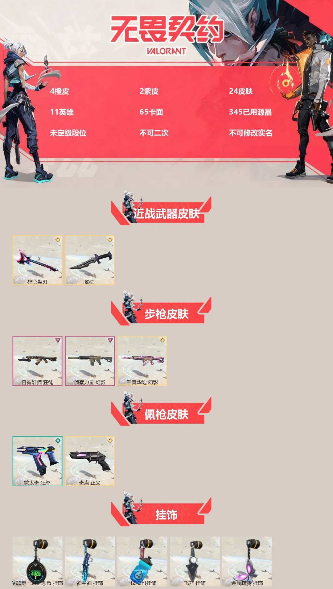 无畏契约账号QQ[]4橙皮 2紫皮 24皮肤 11英雄 65卡面 345已用源晶 未定级段位 不可二次 不可修改实名 
【近战武器皮肤】影刃,碎心裂刃
【佩枪皮肤】蒙太奇 狂怒,正义-奇点
【步枪皮肤】狂徒-日冕雄师