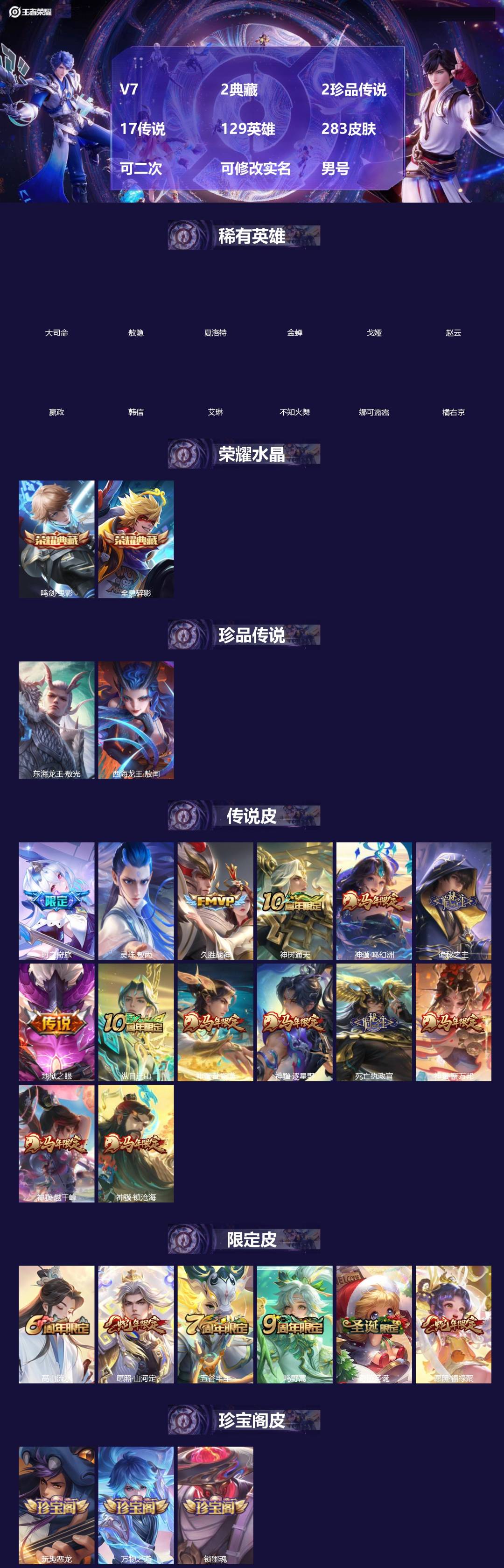 王者荣耀账号安卓QQ[19709490]V7 2典藏 2珍品传说 17传说 129英雄 283皮肤 可二次 可修改实名 