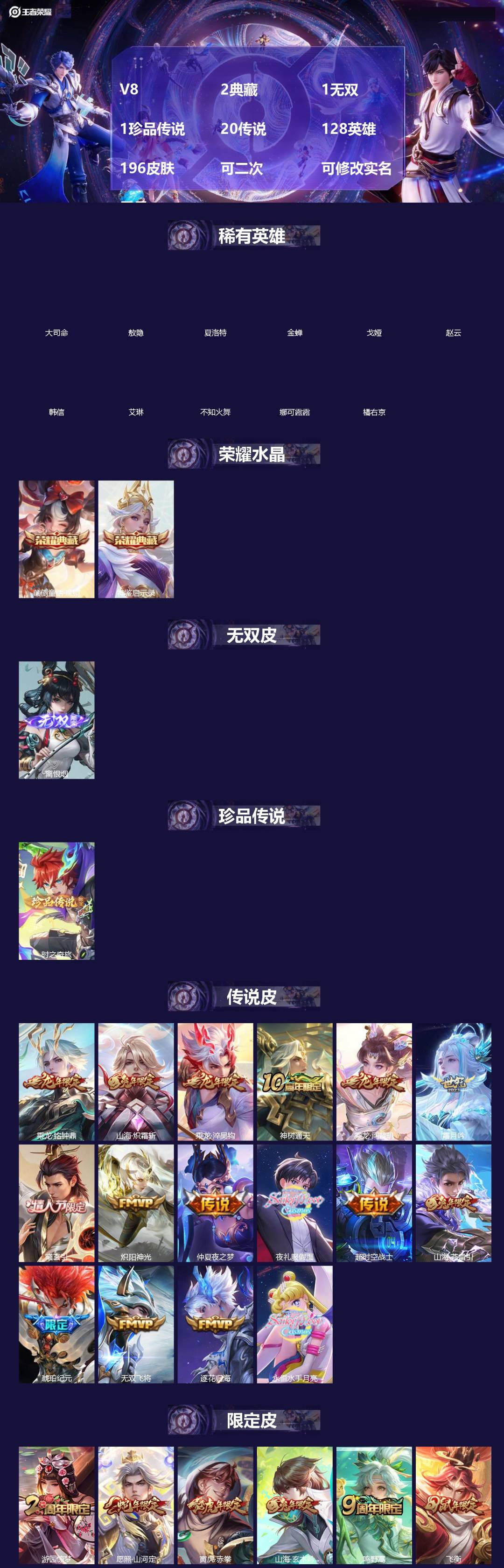 王者荣耀账号安卓QQV8 2典藏 1无双 1珍品传说 20传说 128英雄 196皮肤 可二次 可修改实名 男号 
【英