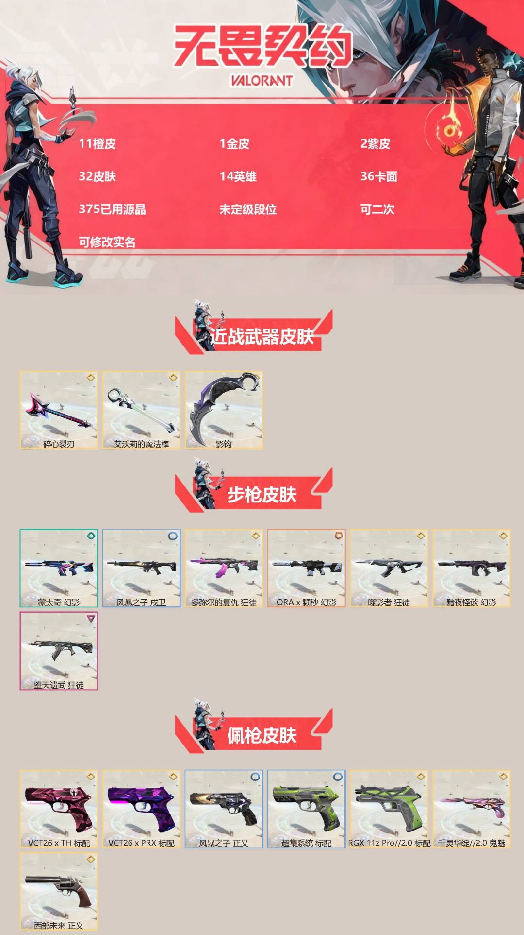 无畏契约账号QQ[]11橙皮 1金皮 2紫皮 32皮肤 14英雄 36卡面 375已用源晶 未定级段位 可二次 可修改实名 
【近战武器皮肤】碎心裂刃,影钩,艾沃莉的魔法棒
【佩枪皮肤】标配-RGX 11z Pro/