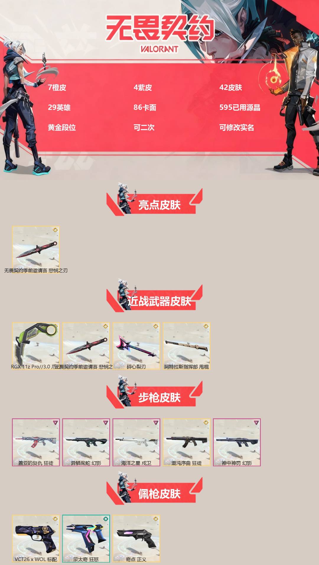 无畏契约账号QQ[]7橙皮 4紫皮 42皮肤 29英雄 86卡面 595已用源晶 黄金段位 可二次 可修改实名 
【亮点皮肤】悲悯之刃
【近战武器皮肤】碎心裂刃,阿特拉斯指挥部,悲悯之刃,爪刀-RGX 11z Pro