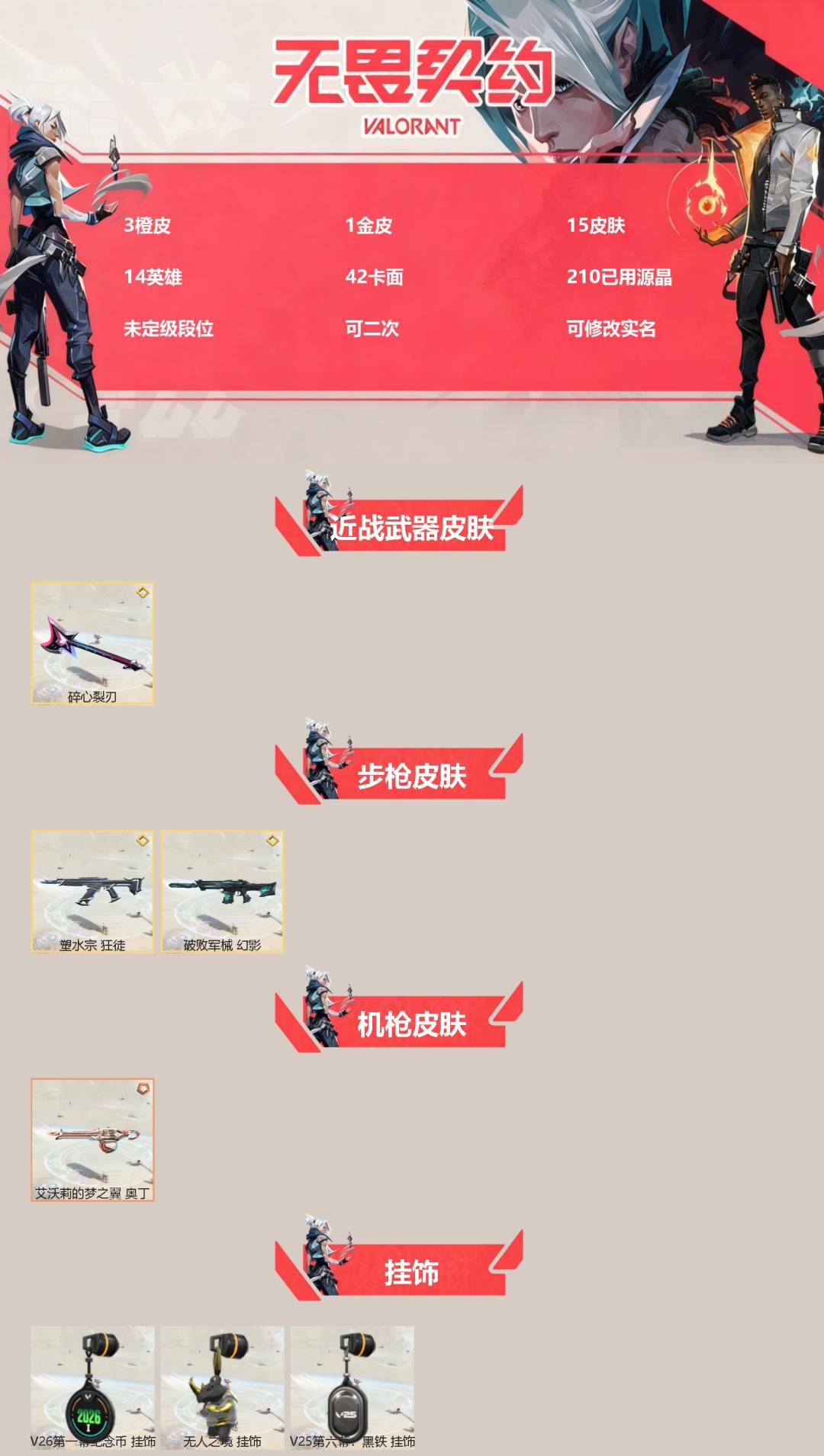 无畏契约账号QQ[]3橙皮 1金皮 15皮肤 14英雄 42卡面 210已用源晶 未定级段位 可二次 可修改实名 
【近战武器皮肤】碎心裂刃
【步枪皮肤】狂徒-塑水宗,幻影-破败军械
【机枪皮肤】奥丁-艾沃莉的梦之翼