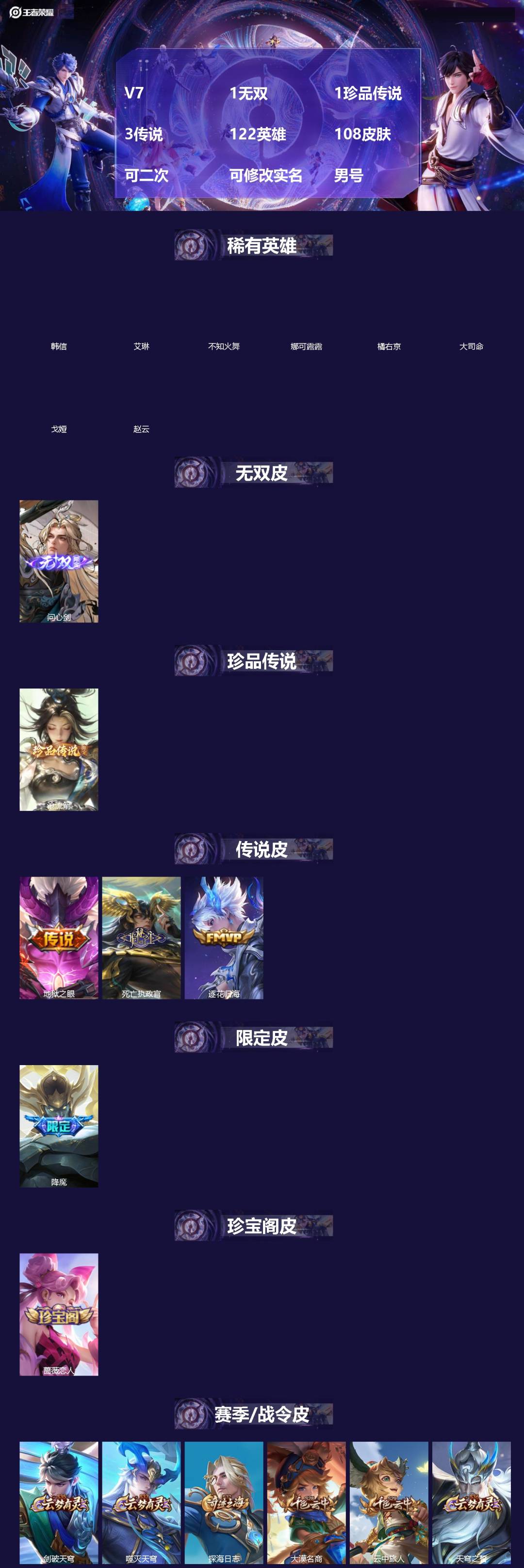 王者荣耀账号安卓QQ[19929127]V7 1无双 1珍品传说 3传说 122英雄 108皮肤 可二次 可修改实名 男