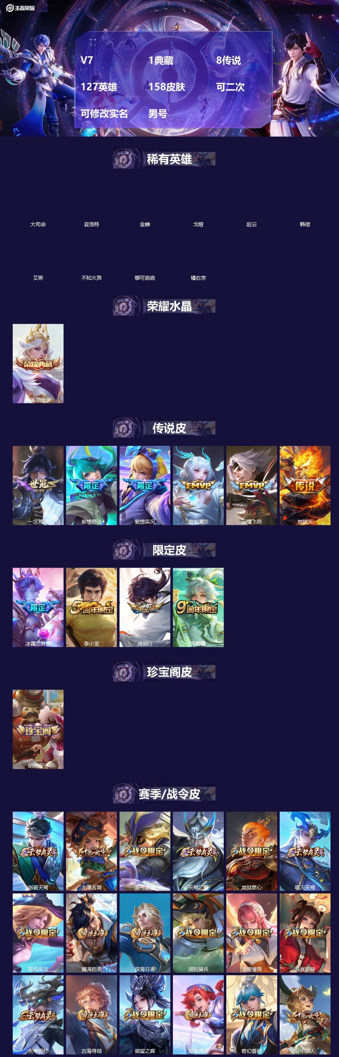 王者荣耀账号安卓QQ[]V7 1典藏 8传说 127英雄 158皮肤 可二次 可修改实名 男号 
【英雄全皮】大禹全皮
【稀有英雄】大司命,韩信(韩跳跳),夏洛特(夏师傅),艾琳,橘右京(橘子),娜可露露(鸟人),不知火