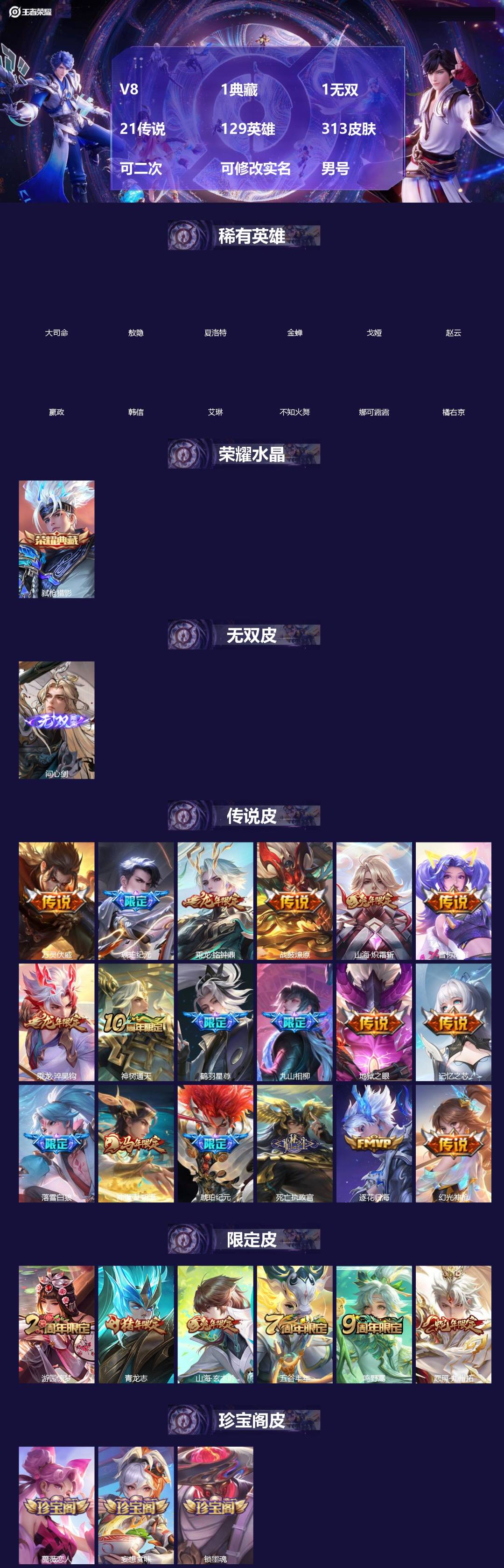王者荣耀账号安卓QQ[19961841]V8 1典藏 1无双 21传说 129英雄 313皮肤 可二次 可修改实名 男号