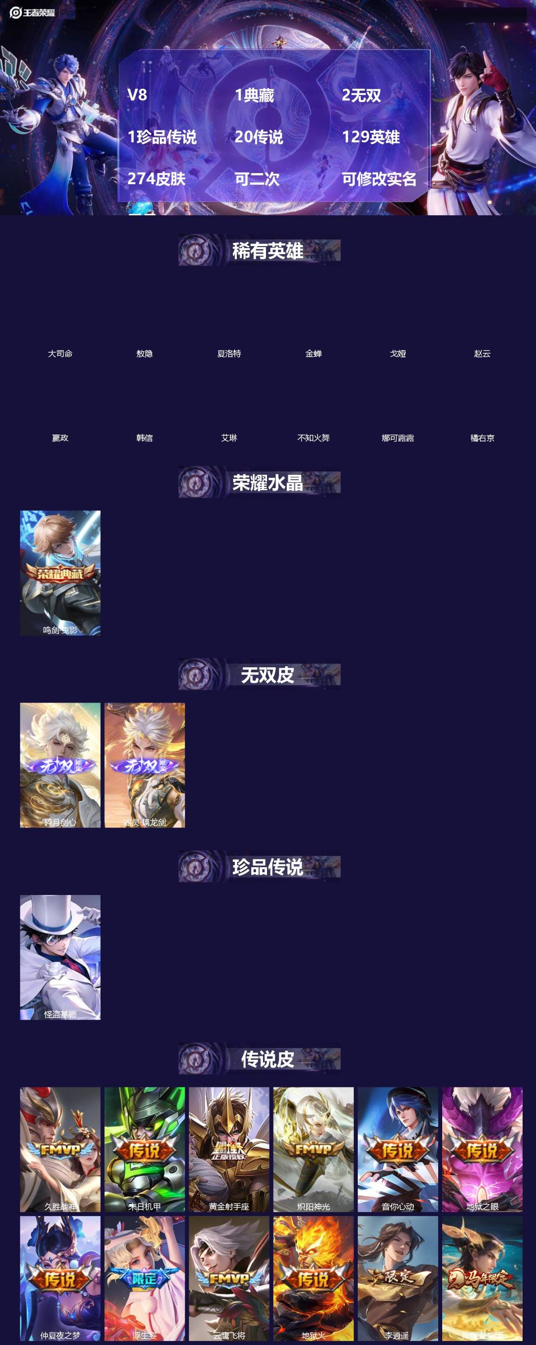 王者荣耀账号安卓QQ[19965815]V8 1典藏 2无双 1珍品传说 20传说 129英雄 274皮肤 可二次 可修