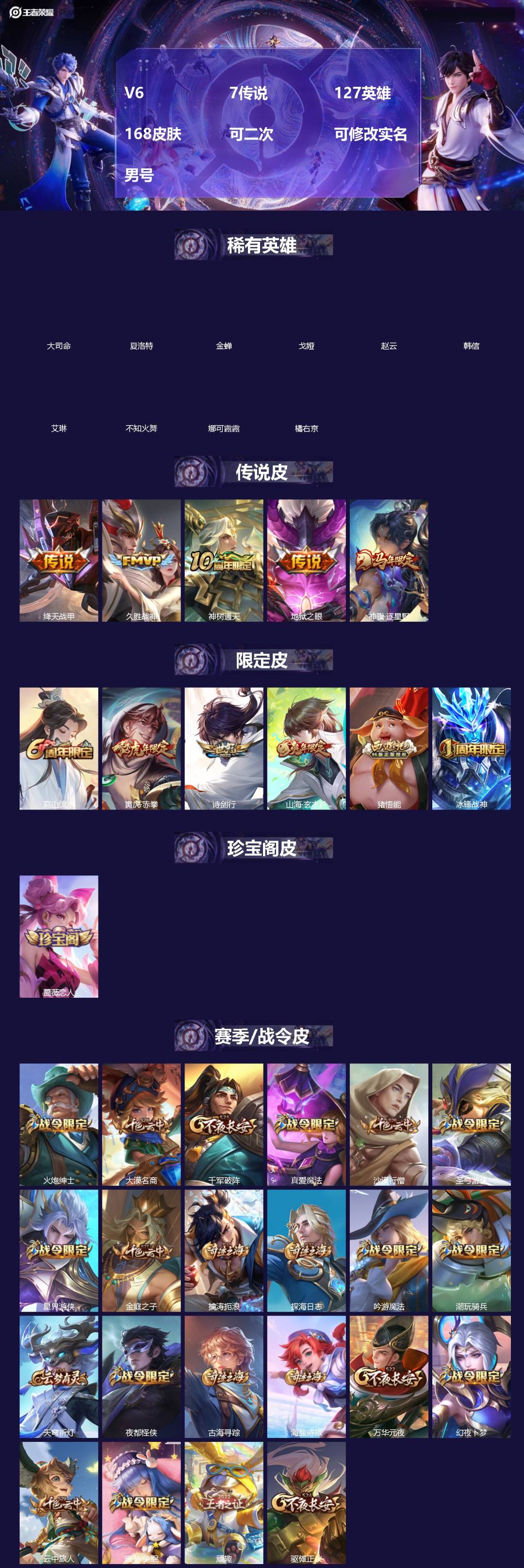 王者荣耀账号安卓VX[20004663]V6 7传说 127英雄 168皮肤 可二次 可修改实名 男号 
【英雄全皮】孙
