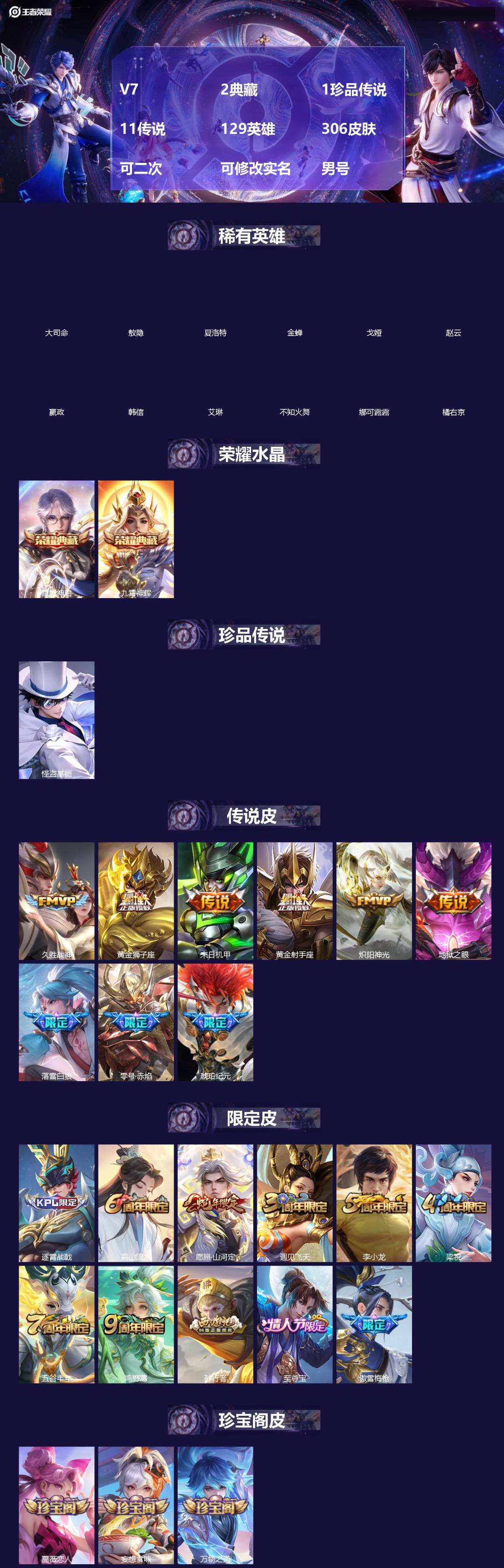 王者荣耀账号苹果QQ[20007430]V7 2典藏 1珍品传说 11传说 129英雄 306皮肤 可二次 可修改实名 