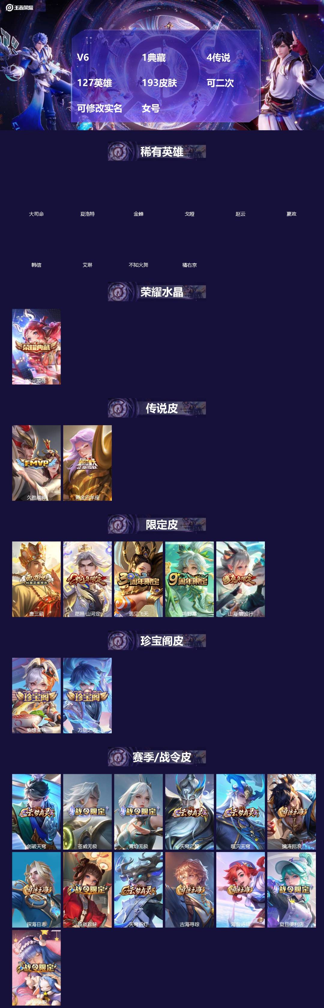 王者荣耀账号安卓QQ[20009246]V6 1典藏 4传说 127英雄 193皮肤 可二次 可修改实名 女号 
【英雄