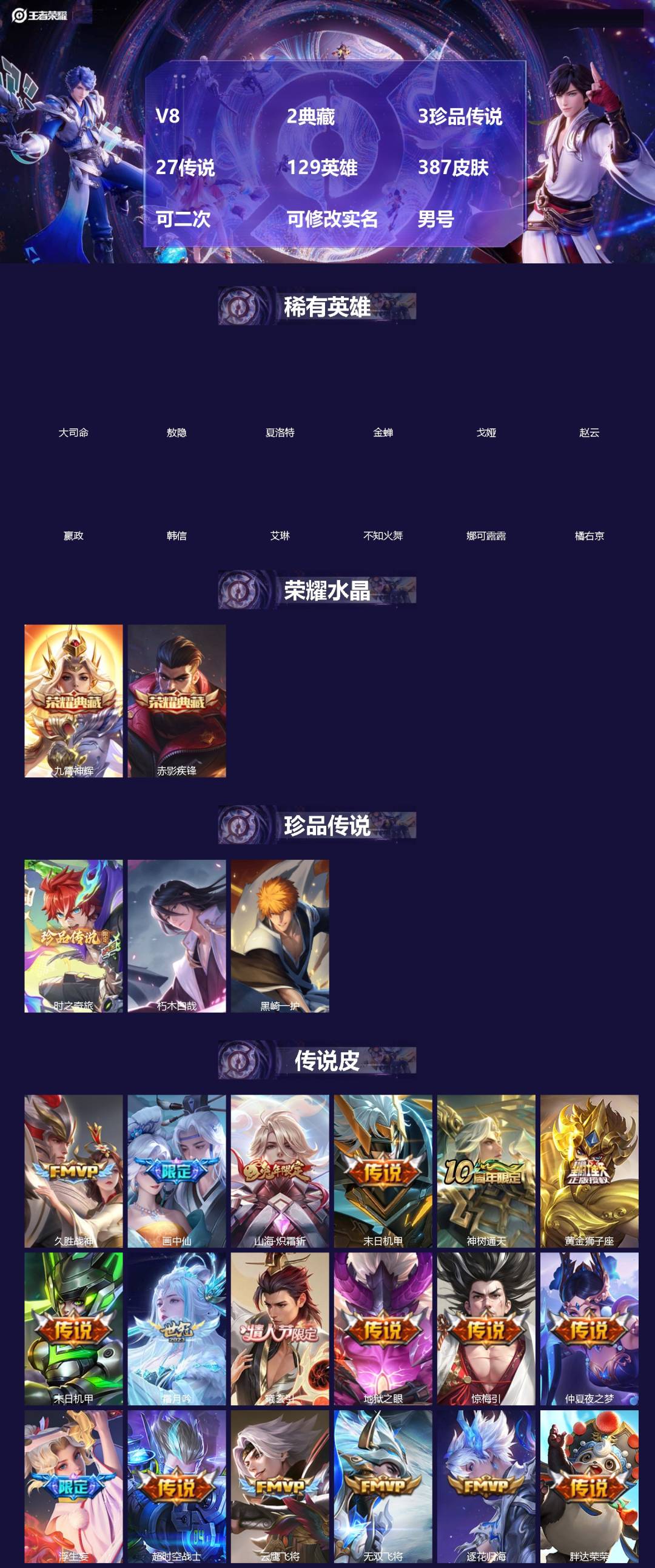 王者荣耀账号安卓QQ[20028474]V8 2典藏 3珍品传说 27传说 129英雄 387皮肤 可二次 可修改实名 