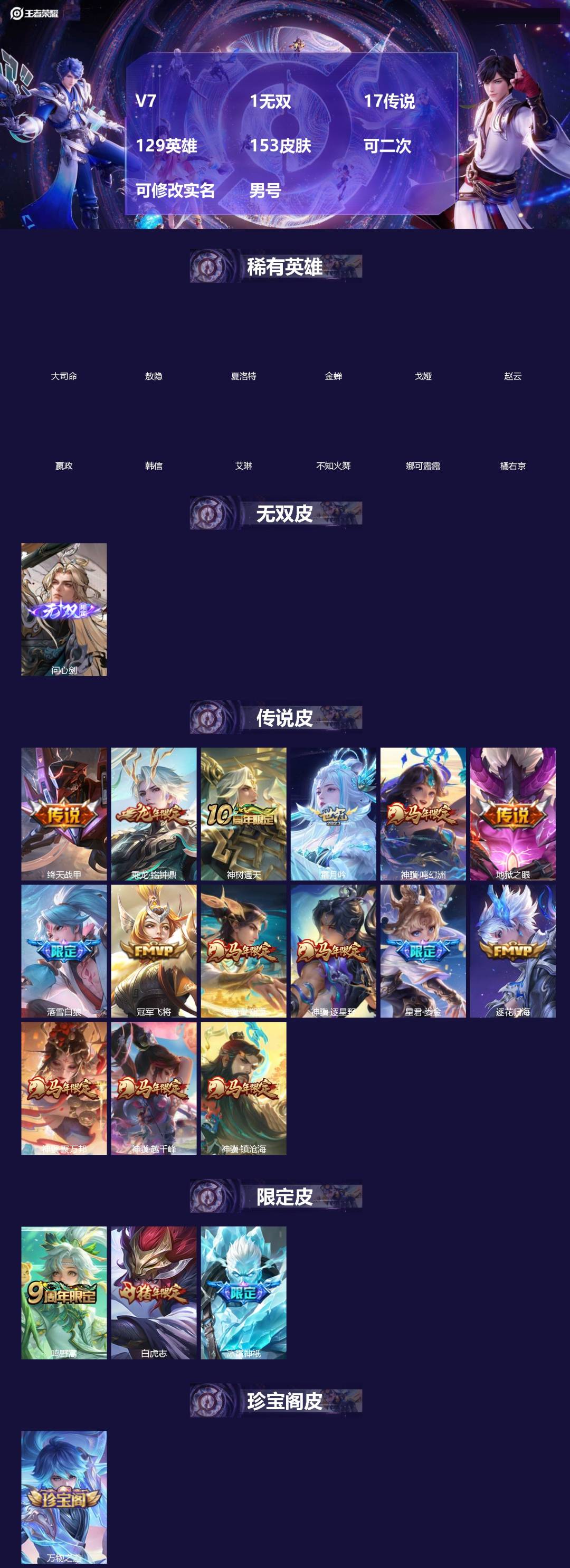 王者荣耀账号安卓QQ[20044477]V7 1无双 17传说 129英雄 153皮肤 可二次 可修改实名 男号 
【英