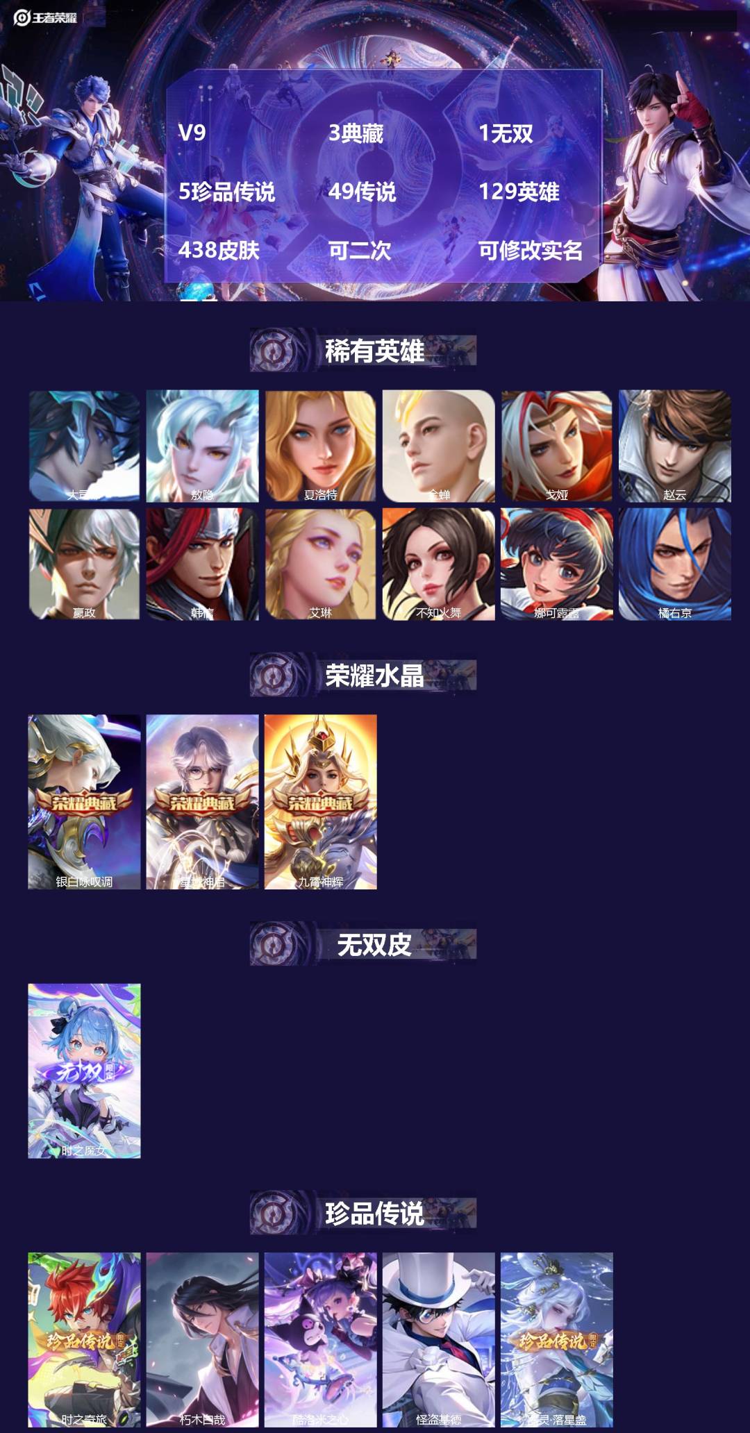 王者荣耀账号苹果QQV9 3典藏 1无双 5珍品传说 49传说 129英雄 438皮肤 可二次 可修改实名 男号 
【英
