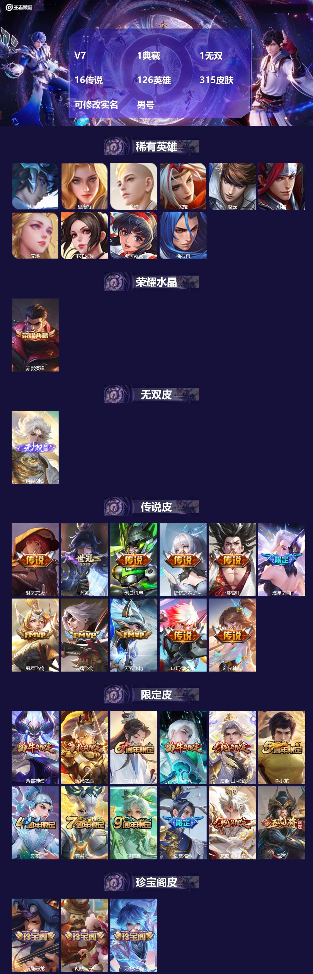 王者荣耀账号安卓QQV7 1典藏 1无双 16传说 127英雄 315皮肤 可修改实名 男号 
【英雄全皮】孙权全皮,蚩