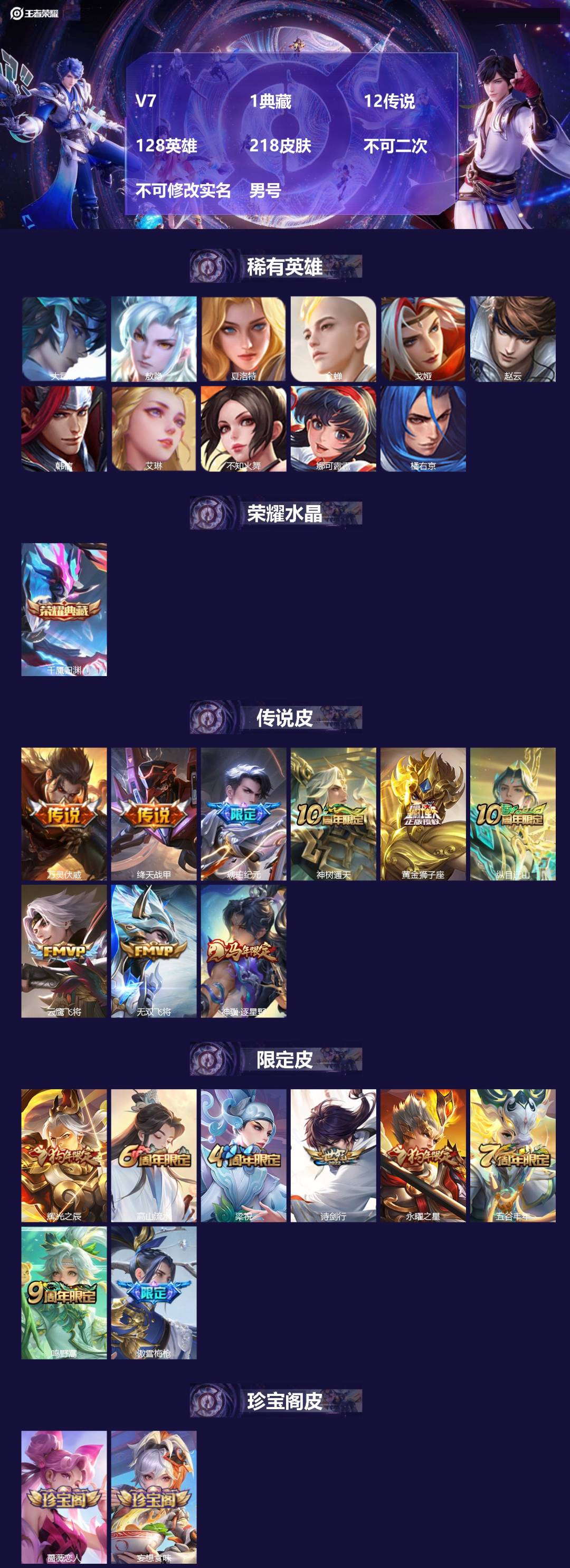 王者荣耀账号安卓QQ[20233667]V7 1典藏 12传说 128英雄 218皮肤 不可二次 不可修改实名 男号 
