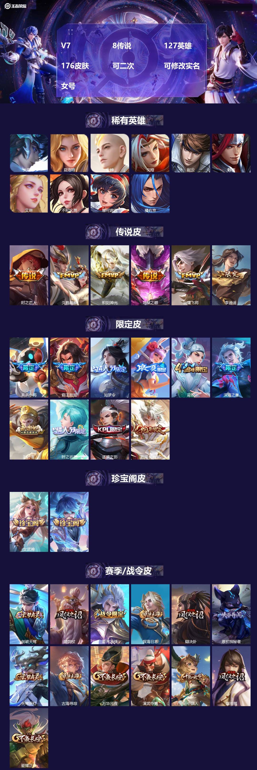 王者荣耀账号安卓QQ[20392575]V7 8传说 127英雄 176皮肤 可二次 可修改实名 女号 
【英雄全皮】孙