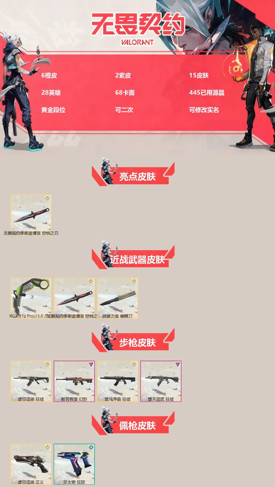 无畏契约账号QQ6橙皮 2紫皮 15皮肤 28英雄 68卡面 445已用源晶 黄金段位 可二次 可修改实名 
【亮点皮肤】悲悯之刃
【近战武器皮肤】悲悯之刃,蝴蝶刀-侦察力量,爪刀-RGX 11z Pro 3.0