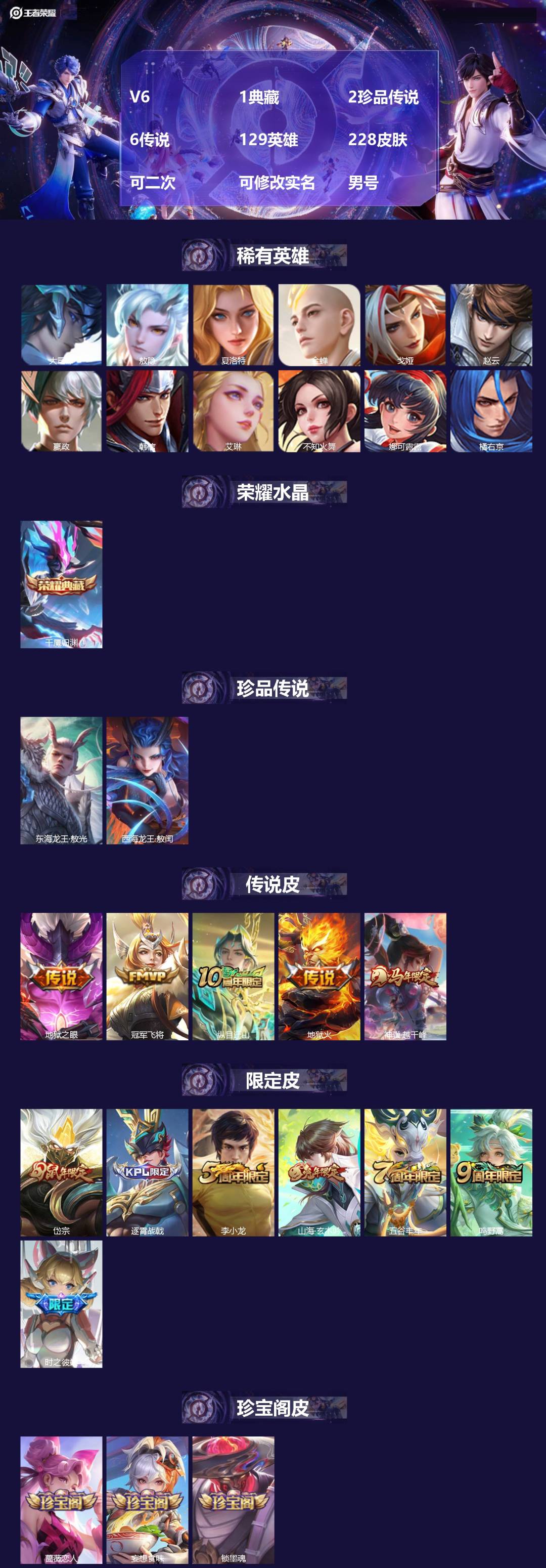 王者荣耀账号苹果QQ[]V6 1典藏 2珍品传说 6传说 129英雄 228皮肤 可二次 可修改实名 男号 
【英雄全皮】大禹全皮
【稀有英雄】敖隐(小龙人),大司命,嬴政(始皇帝),韩信(韩跳跳),夏洛特(夏师傅),艾