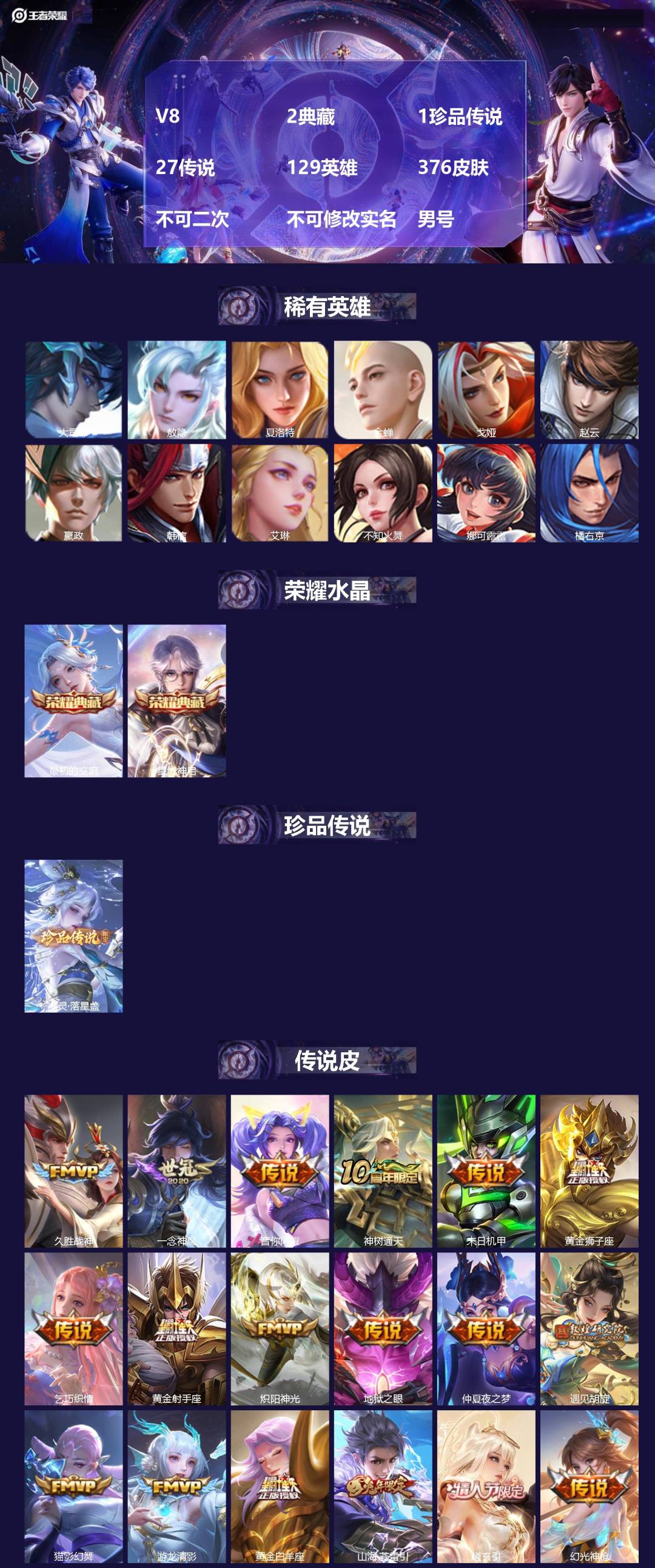 王者荣耀账号安卓QQ[20489096]V8 2典藏 1珍品传说 27传说 129英雄 376皮肤 不可二次 不可修改实