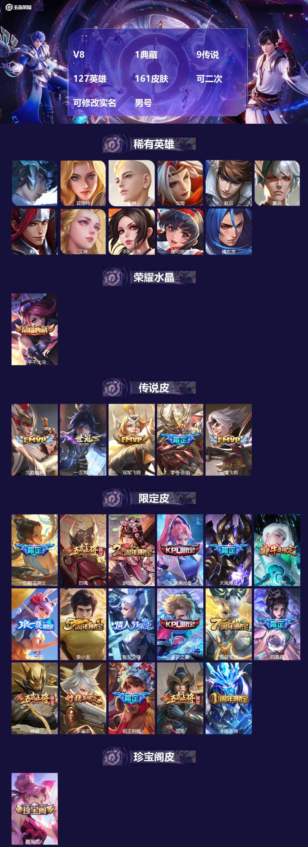 王者荣耀账号安卓QQ[]V8 1典藏 9传说 127英雄 161皮肤 可二次 可修改实名 男号 
【稀有英雄】大司命,嬴政(始皇帝),韩信(韩跳跳),夏洛特(夏师傅),艾琳,橘右京(橘子),娜可露露(鸟人),不知火舞,赵