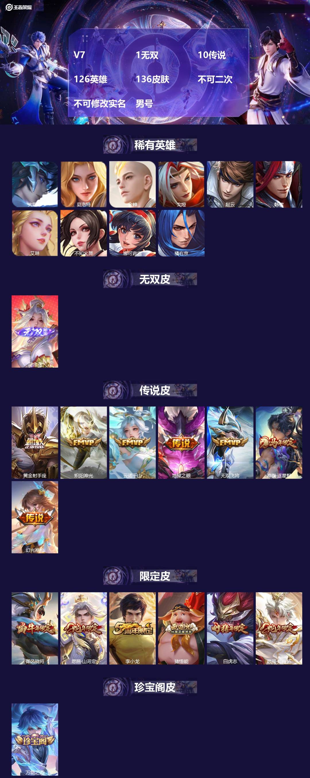 王者荣耀账号安卓QQ[]V7 1无双 10传说 126英雄 136皮肤 不可二次 不可修改实名 男号 
【英雄全皮】孙权全皮,蚩奼全皮
【稀有英雄】大司命,韩信(韩跳跳),夏洛特(夏师傅),艾琳,橘右京(橘子),娜可露露