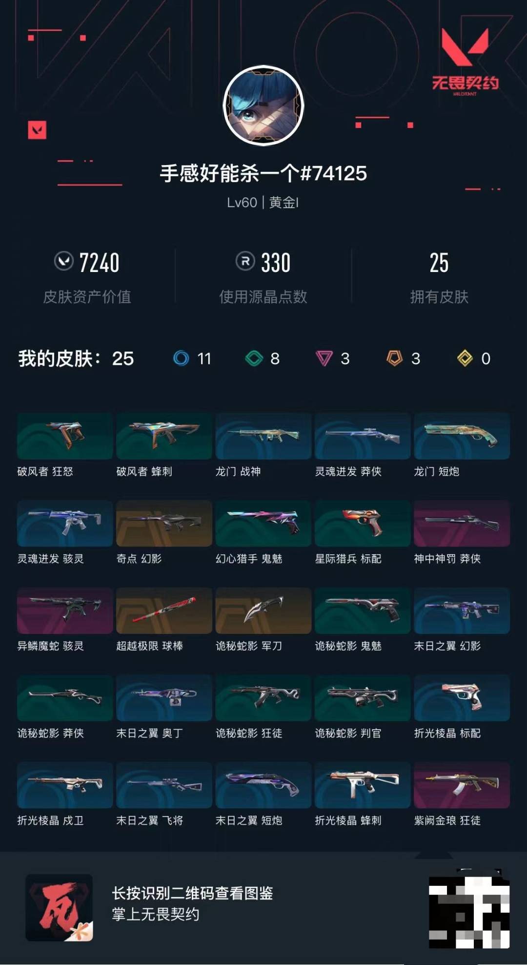 可二次实名 是本人 段位:黄金 3卓越 3传奇 皮肤资产价值:7240 [武器皮肤]诡秘蛇影,球棒-超越极限,幻影-奇点,骇灵 异鳞魔蛇,狂徒-紫阙金琅,莽侠 神中神罚 [道具]V26第一幕纪念币 挂饰,神中神挂饰,龙门挂饰,欢乐花瓣挂饰,无畏契约GO!第一卷贤者挂饰,精打细算挂饰,爱与和平挂饰