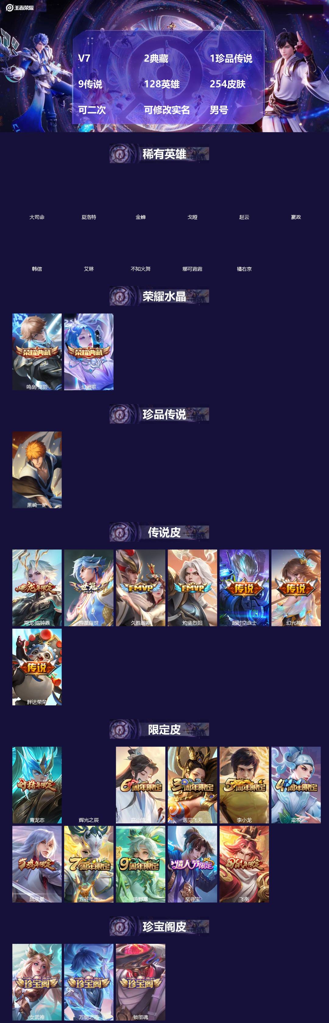 王者荣耀账号安卓QQ[20539063]V7 2典藏 1珍品传说 9传说 128英雄 254皮肤 可二次 可修改实名 男