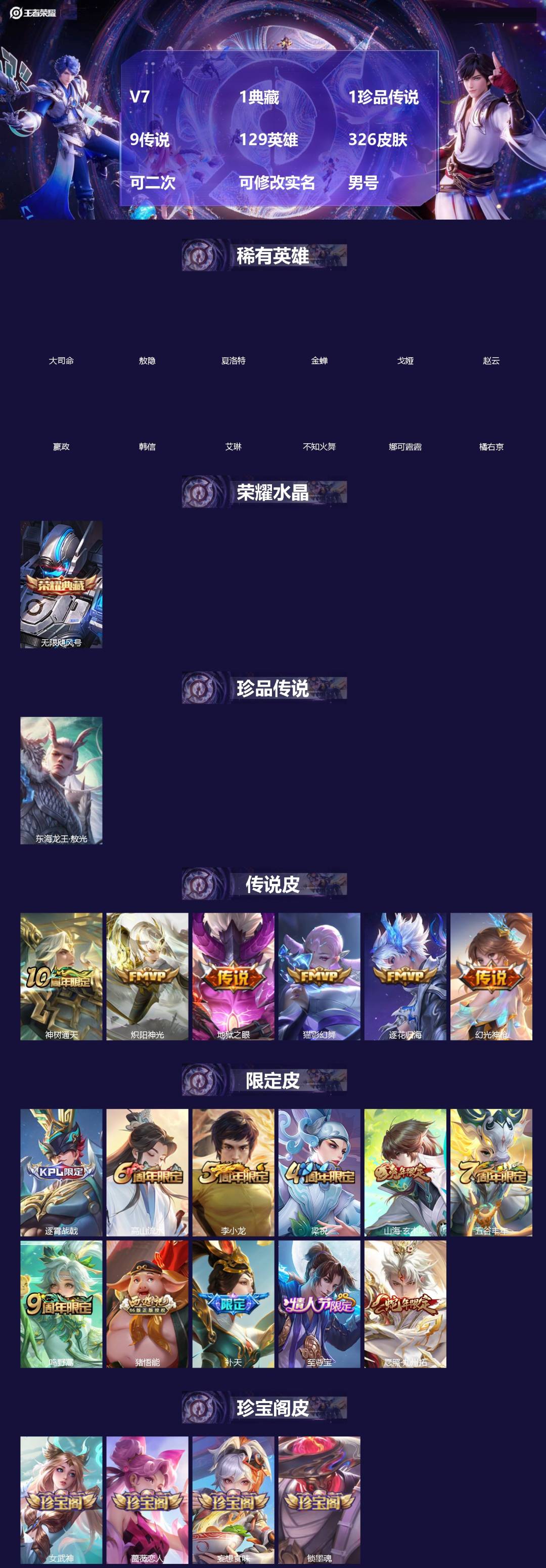 王者荣耀账号安卓QQ[20546315]V7 1典藏 1珍品传说 9传说 129英雄 326皮肤 可二次 可修改实名 男