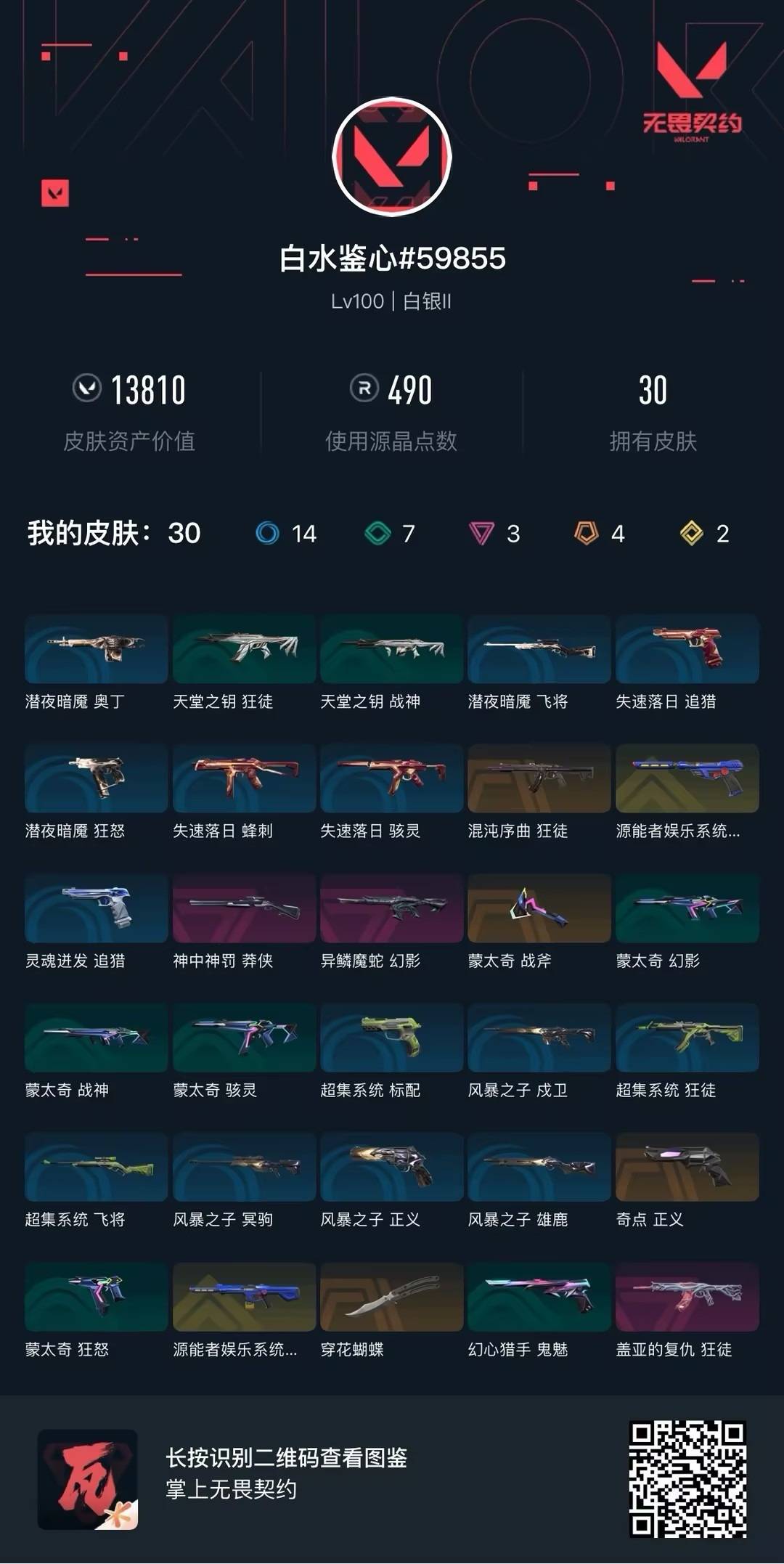 不可二次实名 是本人 段位:白银 3卓越 4传奇 2终极 皮肤资产价值:13810 [武器皮肤]鬼魅-源能者娱乐系统,蒙太奇 战斧,穿花蝴蝶-黑市,正义-奇点,幻影-源能者娱乐系统,狂徒-混沌序曲,幻影 异鳞魔蛇,狂徒-盖亚的复仇,莽侠 神中神罚,风暴之子 正义,超集系统 标配,蒙太奇 狂怒,蒙太奇 骇灵,风暴之子 雄鹿,蒙太奇 幻影,风暴之子 戍卫,超集系统 狂徒,超集系统 飞将,风暴之子 冥驹,蒙太奇 战神 [道具]V26第一幕纪念币 挂饰,风暴之子 挂饰,H2-Oh!挂饰,聚宝蛋挂饰,最后的烛光挂饰,达摩娃娃挂饰,协议假人 挂饰,暗夜领主挂饰,暗影小猫挂饰,超集系统 挂饰,学员战术熊挂饰