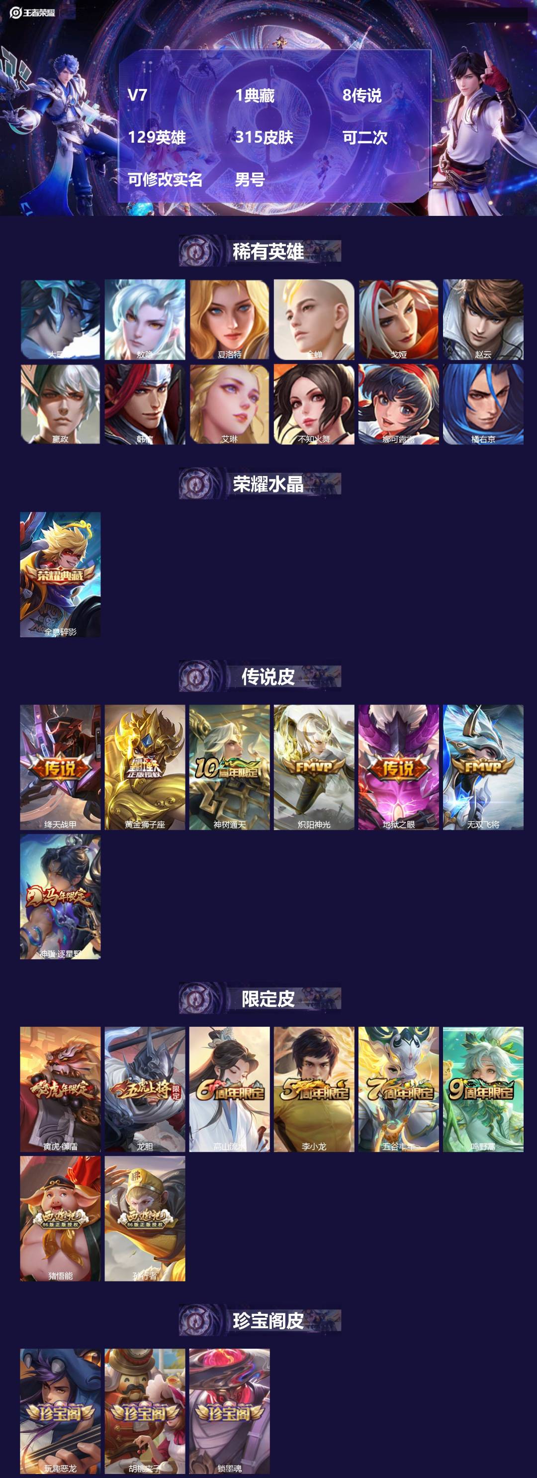 王者荣耀账号安卓QQ[20756336]V7 1典藏 8传说 129英雄 315皮肤 可二次 可修改实名 男号 
【英雄