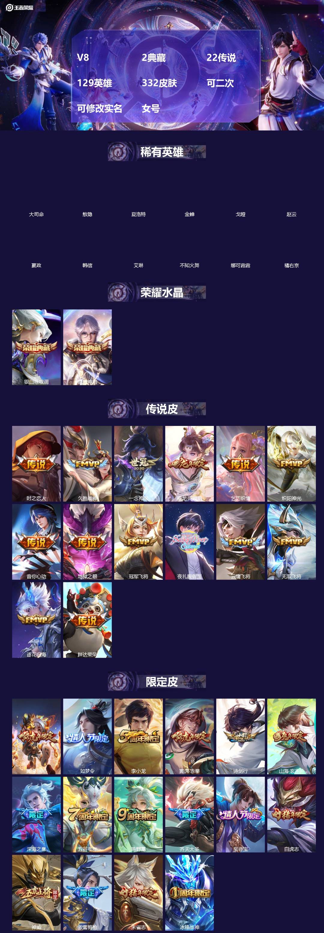 王者荣耀账号安卓QQ[20759630]V8 2典藏 22传说 129英雄 332皮肤 可二次 可修改实名 女号 
【英