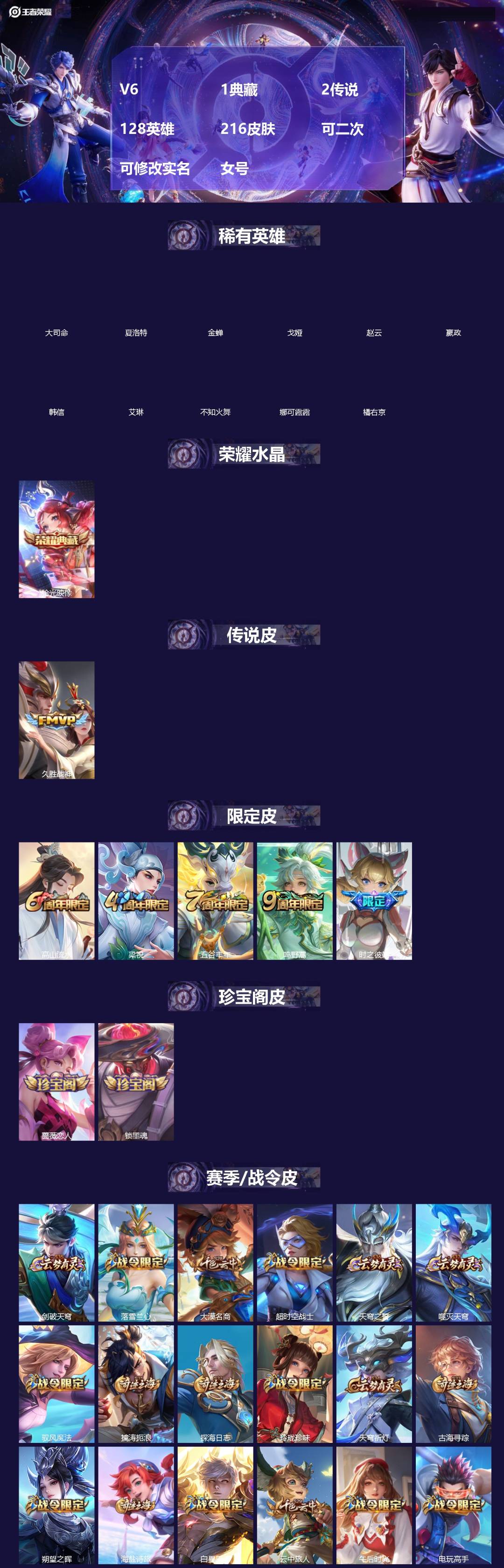 王者荣耀账号安卓VX[20772543]V6 1典藏 2传说 128英雄 216皮肤 可二次 可修改实名 女号 
【英雄