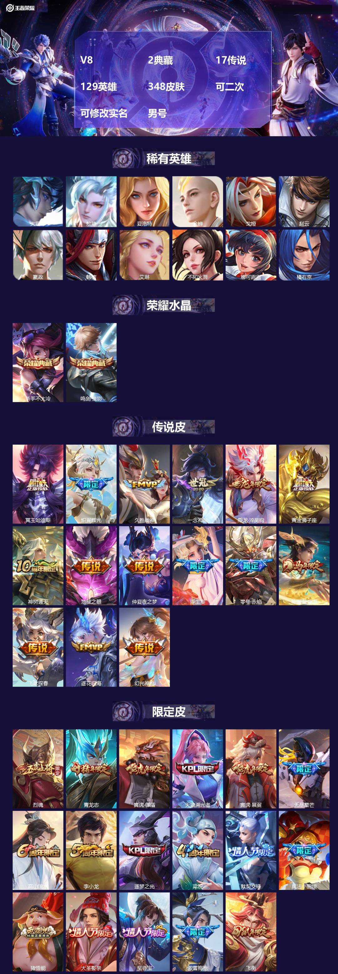 王者荣耀账号安卓QQ[20912257]V8 2典藏 17传说 129英雄 348皮肤 可二次 可修改实名 男号 
【英