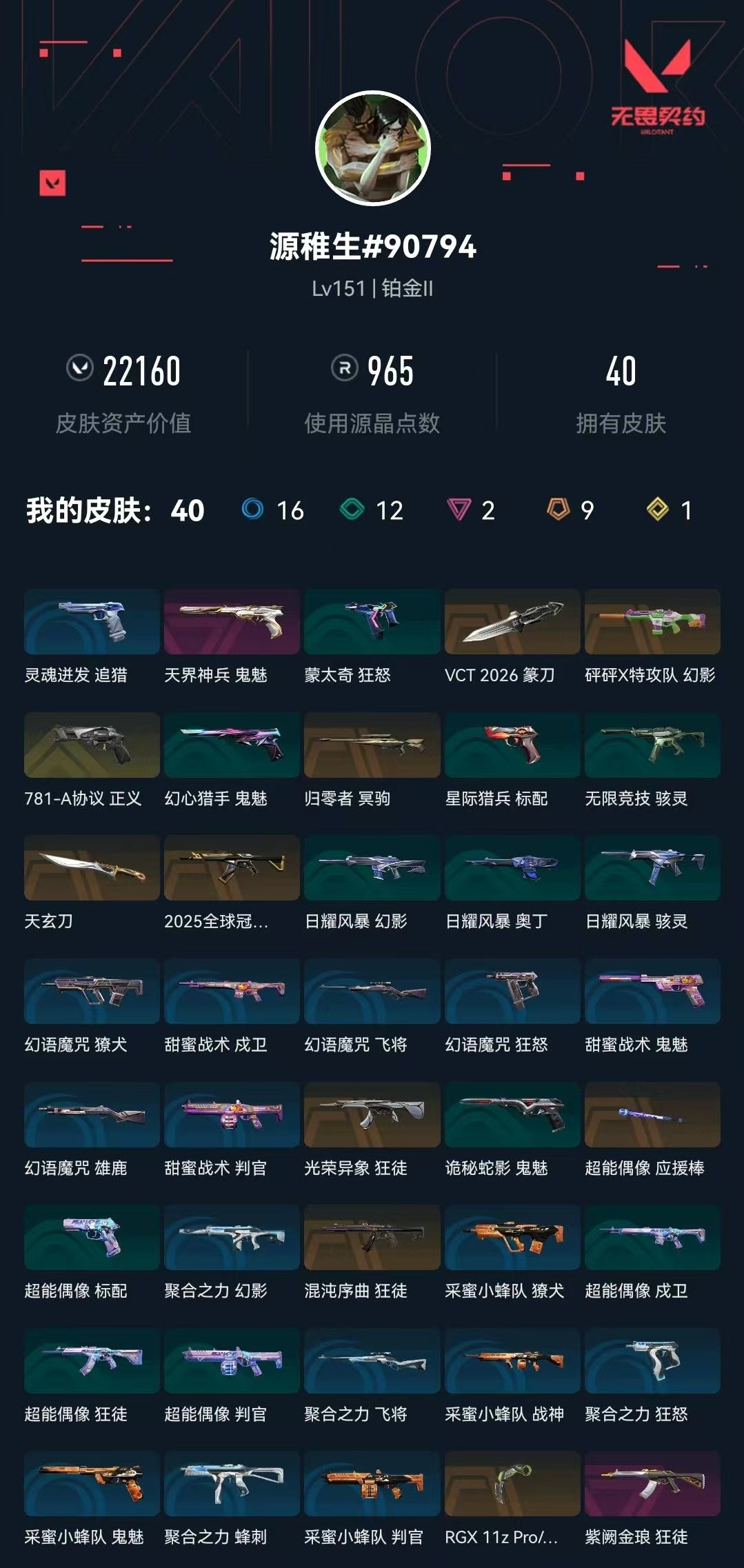 不可二次实名 是本人 段位:铂金 2卓越 1传奇 9终极 皮肤资产价值:22160 4刀皮 [武器皮肤]正义-781-A协议,VCT 2026 篆刀,爪刀-RGX 11z Pro 3.0,超能偶像 应援棒,幻影-砰砰X特攻队,2025全球冠军赛 狂徒,光荣异象 狂徒,狂徒-混沌序曲,冥驹-归零者,鬼魅-天界神兵,狂徒-紫阙金琅