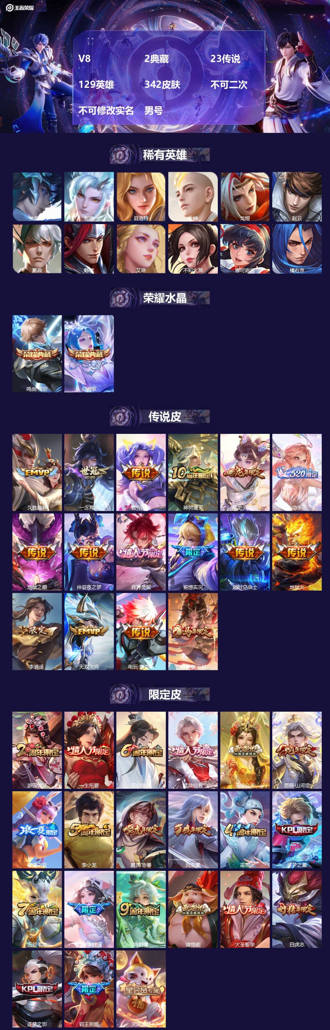 王者荣耀账号苹果QQ[21143222]V8 2典藏 23传说 129英雄 342皮肤 不可二次 不可修改实名 男号 
