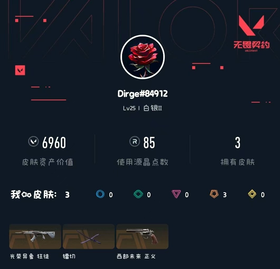 不可二次实名 是本人 段位:白银 3传奇 皮肤资产价值:6960 [武器皮肤]镭切-创·纪元,西部未来 正义,光荣异象 狂徒 [道具]神中神挂饰,聚宝蛋挂饰,无畏契约GO!第一卷零挂饰,无畏契约GO!第一卷芮娜挂饰