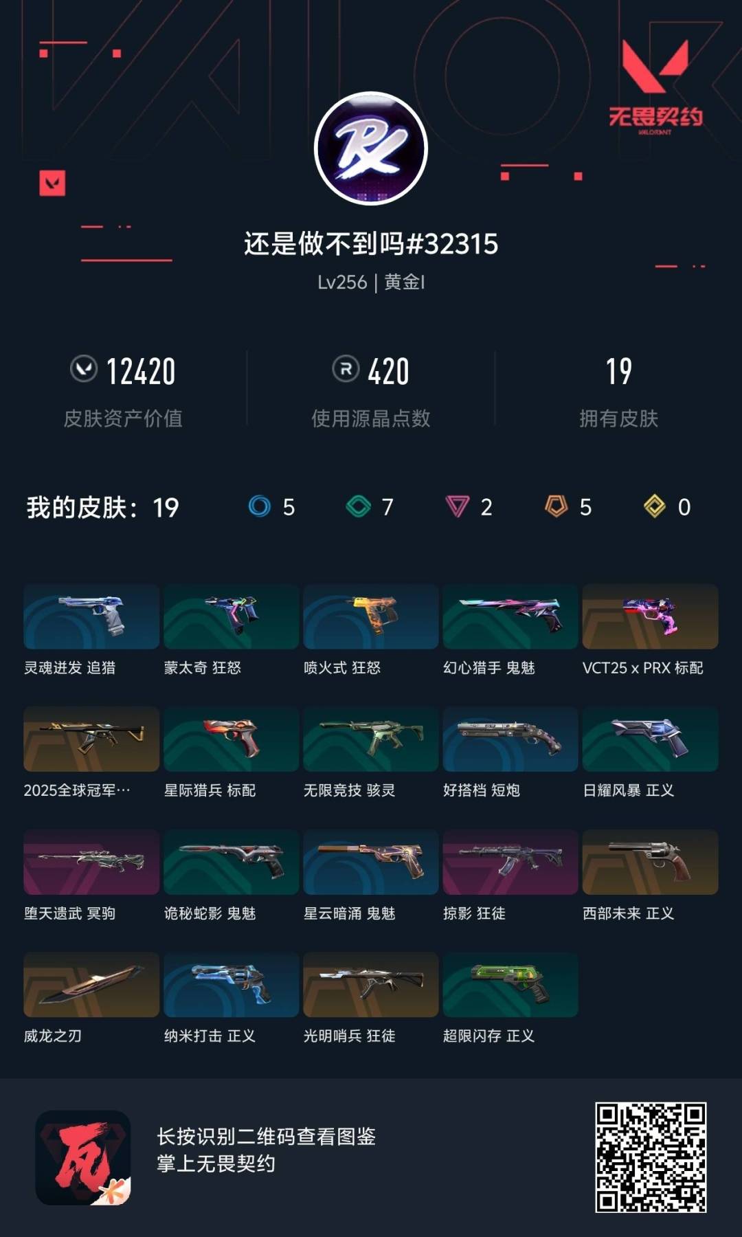 可二次实名 是本人 段位:黄金 2卓越 5终极 皮肤资产价值:12420 1刀皮 [武器皮肤]标配-VCT25xPRX,西部未来 正义,2025全球冠军赛 狂徒,狂徒-光明哨兵,狂徒-掠影,冥驹-堕天遗武