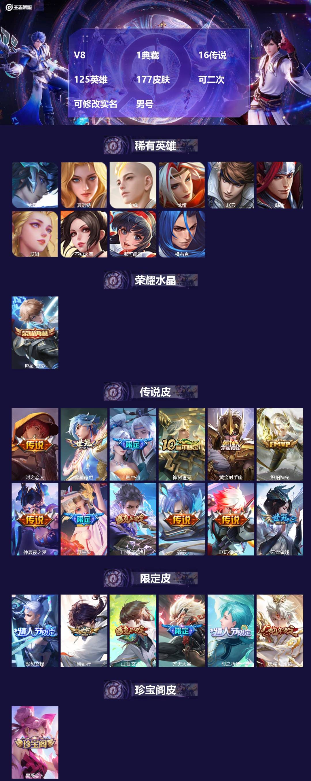 王者荣耀账号苹果VX[21495732]V8 1典藏 16传说 125英雄 177皮肤 可二次 可修改实名 男号 
【稀