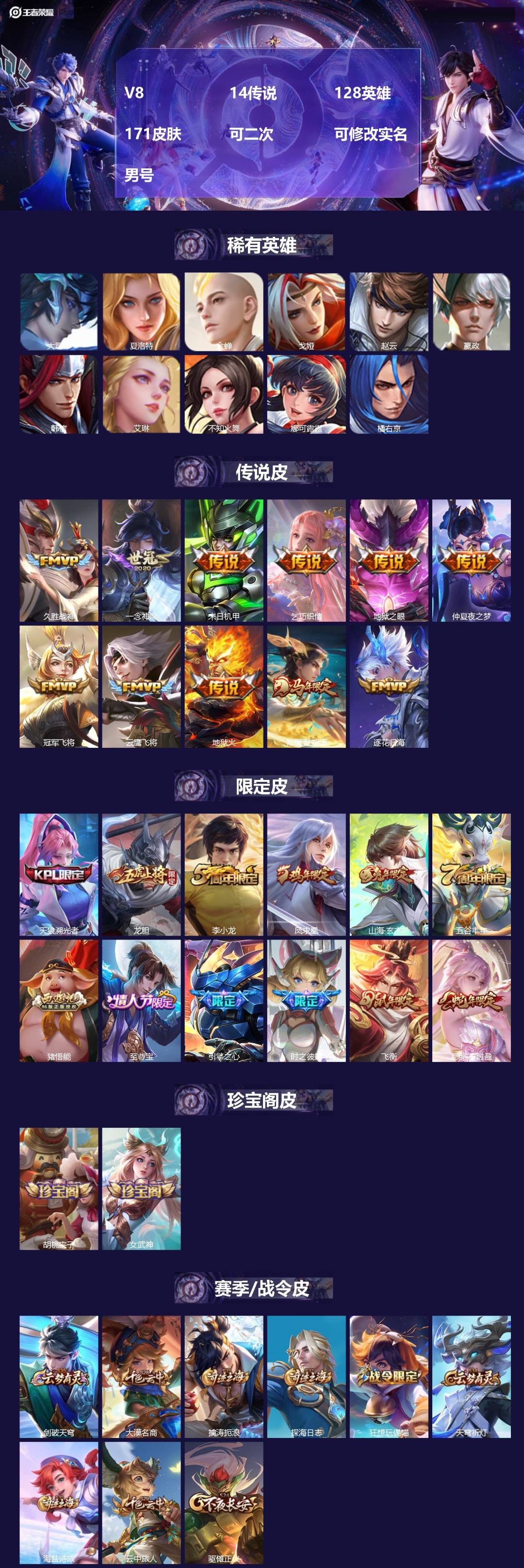 王者荣耀账号安卓QQ[21512897]V8 14传说 128英雄 171皮肤 可二次 可修改实名 男号 
【英雄全皮】