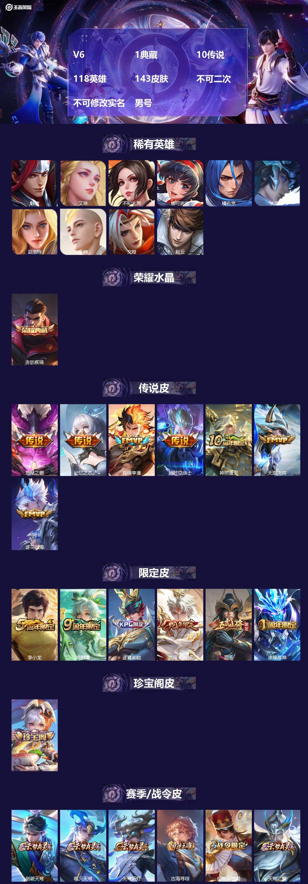 王者荣耀账号安卓QQ[21517700]V6 1典藏 10传说 118英雄 143皮肤 不可二次 不可修改实名 男号 
