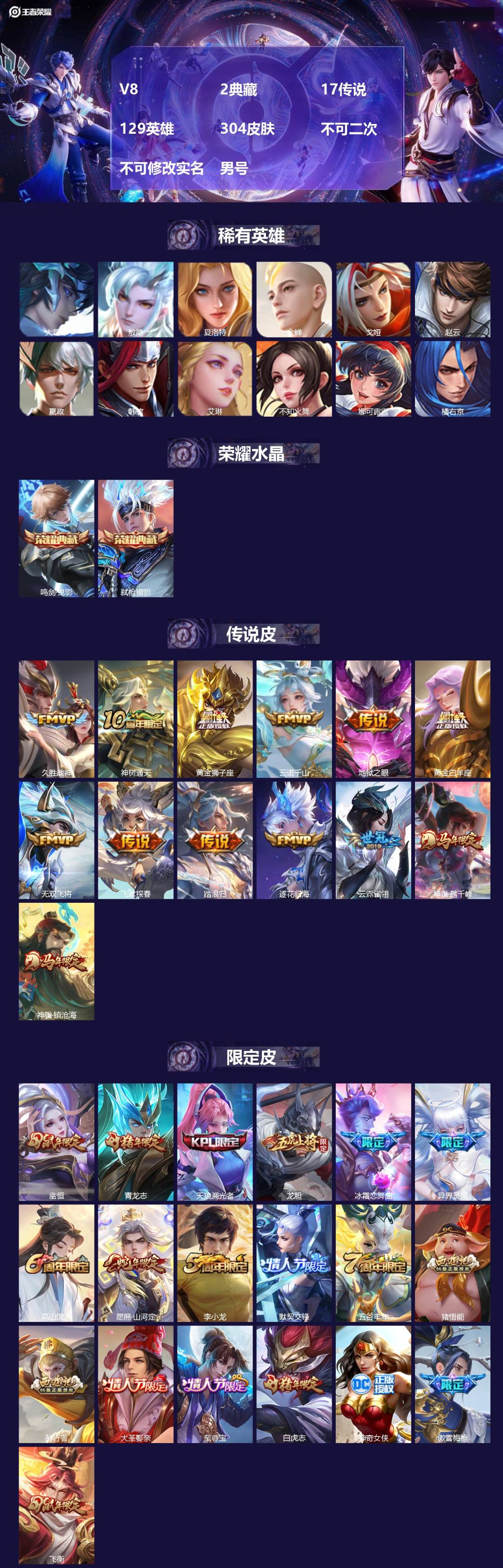王者荣耀账号苹果QQ[21570373]V8 2典藏 17传说 129英雄 304皮肤 不可二次 不可修改实名 男号 
