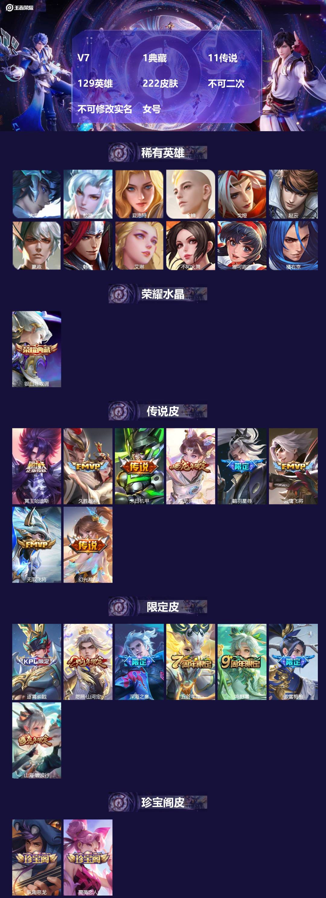 王者荣耀账号安卓QQ[21580428]V7 1典藏 11传说 129英雄 222皮肤 不可二次 不可修改实名 女号 
