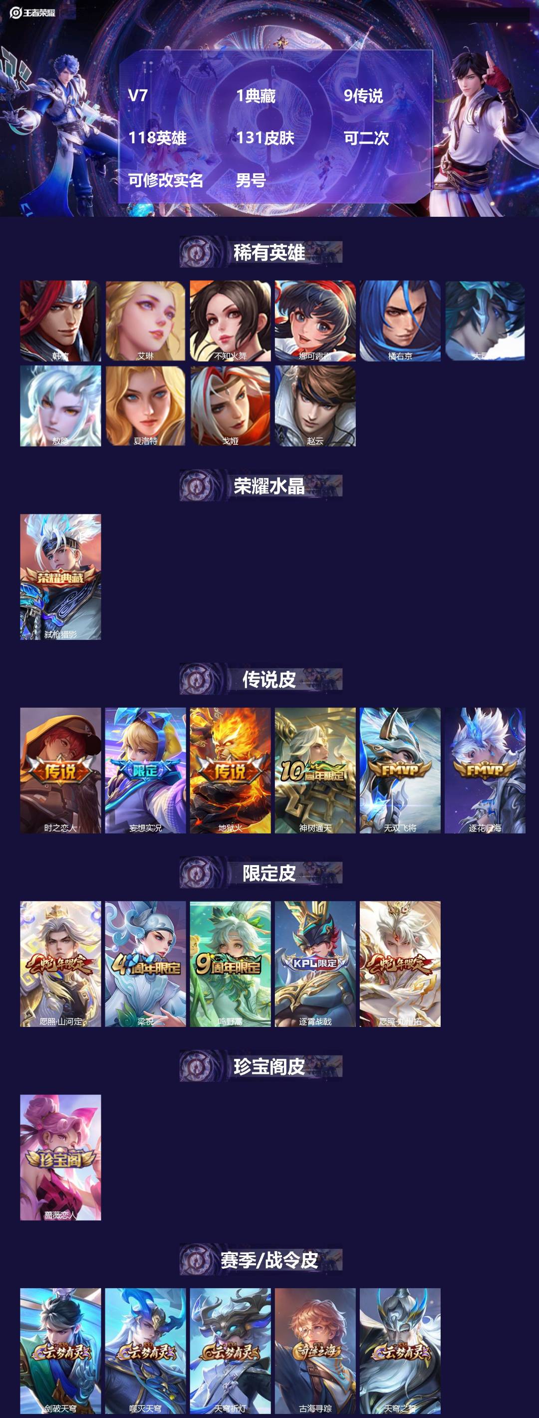 王者荣耀账号苹果VXV7 1典藏 9传说 118英雄 131皮肤 可二次 可修改实名 男号 
【英雄全皮】孙权全皮
【稀