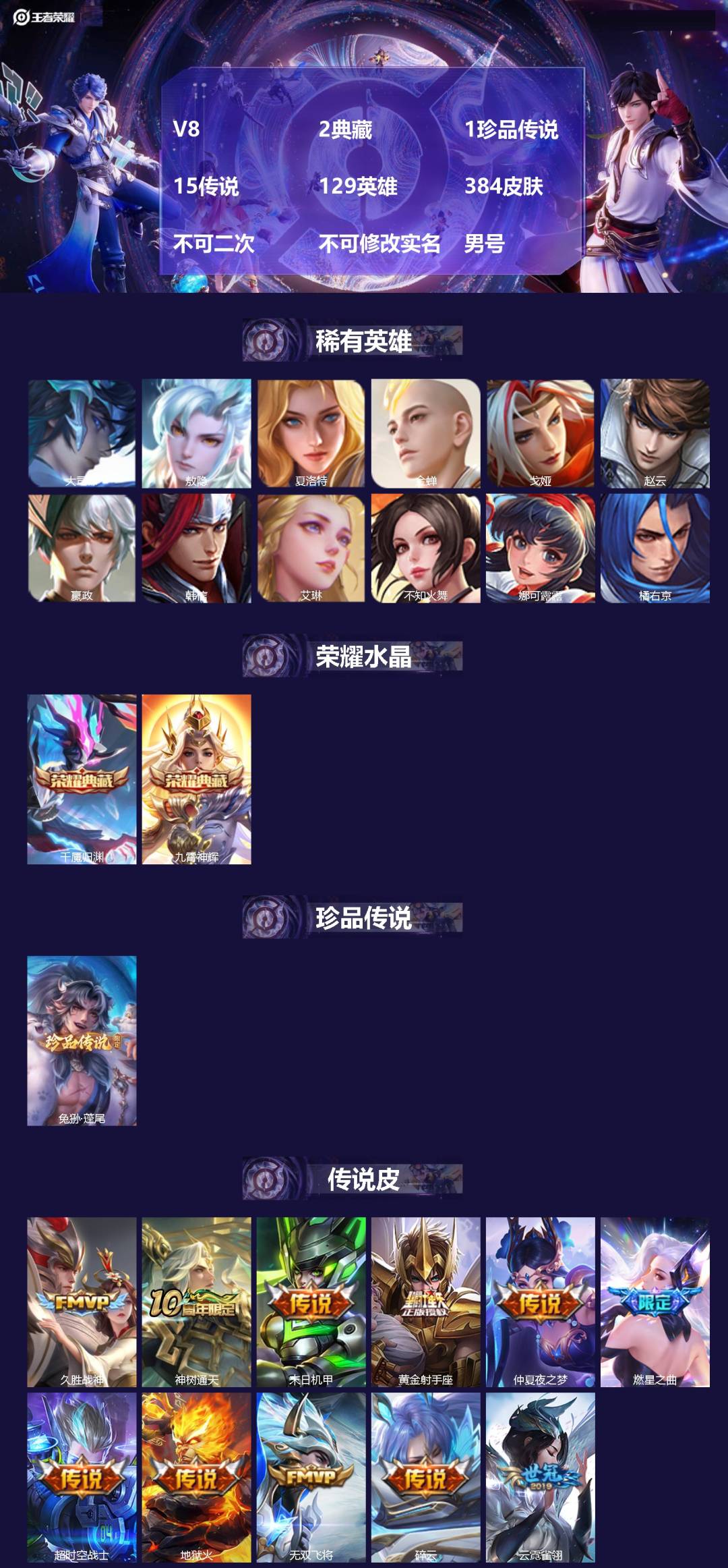 王者荣耀账号安卓QQ[21606789]V8 2典藏 1珍品传说 15传说 129英雄 384皮肤 不可二次 不可修改实
