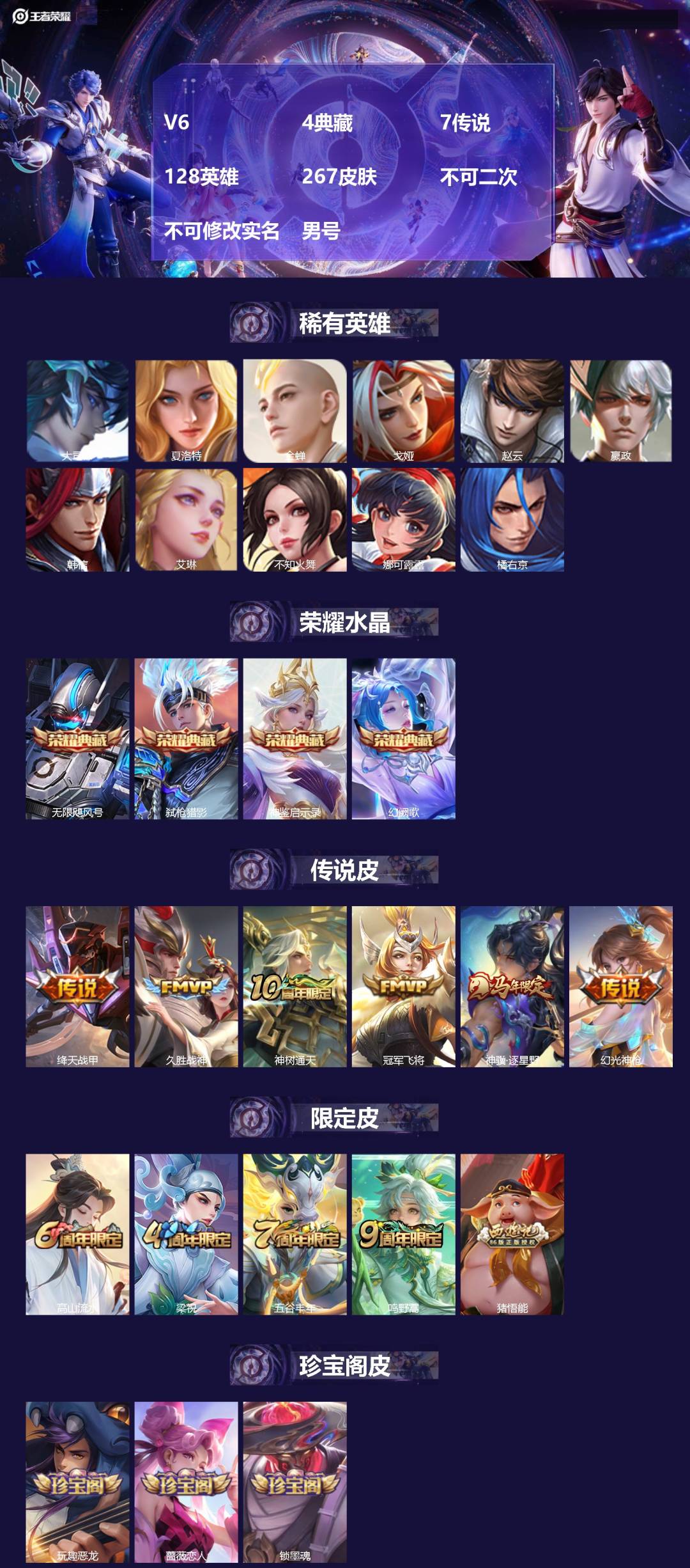 王者荣耀账号安卓QQ[21611298]V6 4典藏 7传说 128英雄 267皮肤 不可二次 不可修改实名 男号 
【