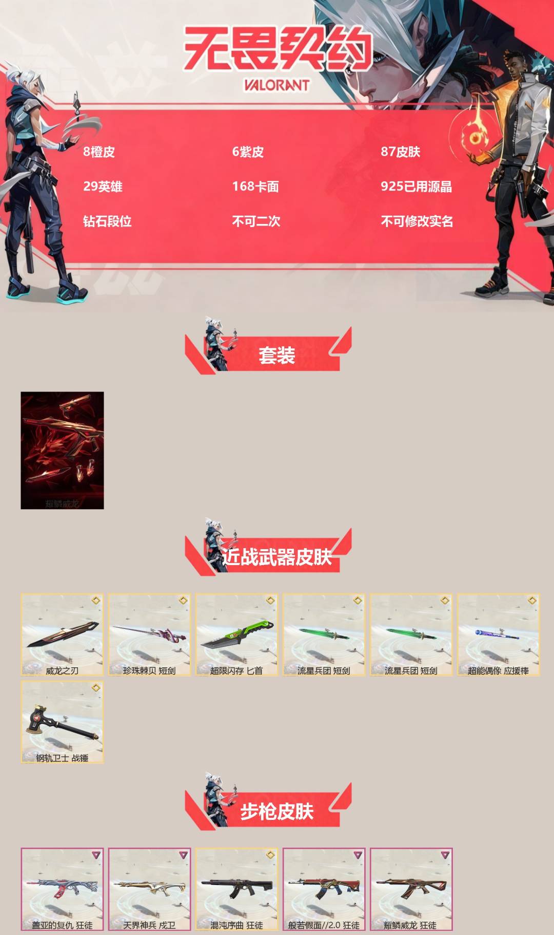 不可二次实名 是本人 段位:钻石 6卓越 8传奇 皮肤资产价值:14100 [武器皮肤]威龙之刃-耀鳞威龙,短剑-珍珠棘贝,匕首-超限闪存,短剑-流星兵团,超能偶像 应援棒,战锤-钢轨卫士,正义-奇点,狂徒-混沌序曲,鬼魅-耀鳞威龙,戍卫-天界神兵,狂徒-盖亚的复仇,狂徒-耀鳞威龙,狂徒-般若假面//2.0,莽侠 神中神罚,蒙太奇 狂怒 [道具]袖珍捷风挂饰,H2-Oh!挂饰,瑞思拜挂饰,超能偶像挂饰,蓄势待滚挂饰,鱼骨头挂饰,第八季:铂金挂饰,这瓜保熟挂饰,学员战术熊挂饰,无畏契约GO!第一卷零挂饰,终章KO小金人挂饰,双城之战魄罗挂饰,幸运中国结挂饰,迷你机甲挂饰,传世莲华挂饰,最后的烛光