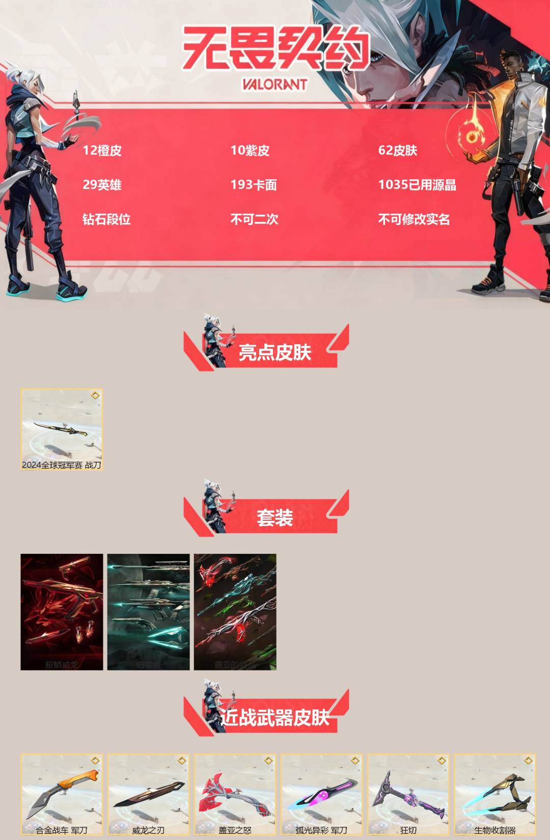 不可二次实名 是本人 皮肤资产价值:36150 段位:钻石 10卓越 12传奇 [武器皮肤]战刀-2024全球冠军赛,生物收割器-归零者,威龙之刃-耀鳞威龙,狂切,盖亚之怒-盖亚的复仇,军刀-合金战车,军刀-弧光异彩,短炮-归零者,獠犬-归零者,狂徒-混沌序曲,狂徒-归零者,冥驹-归零者,鬼魅-盖亚的复仇,鬼魅-耀鳞威龙,正义-掠影,戍卫-盖亚的复仇,幻影-侦察力量,狂徒-盖亚的复仇,狂徒-耀鳞威龙,狂徒-紫阙金琅,飞将-盖亚的复仇,冥驹-堕天遗武,蒙太奇 狂怒 [道具]V26第一幕纪念币 挂饰,归零者挂饰,袖珍捷风挂饰,H2-Oh!挂饰,聚宝蛋挂饰,V25第六幕：超凡 挂饰,耀鳞威龙挂饰,数